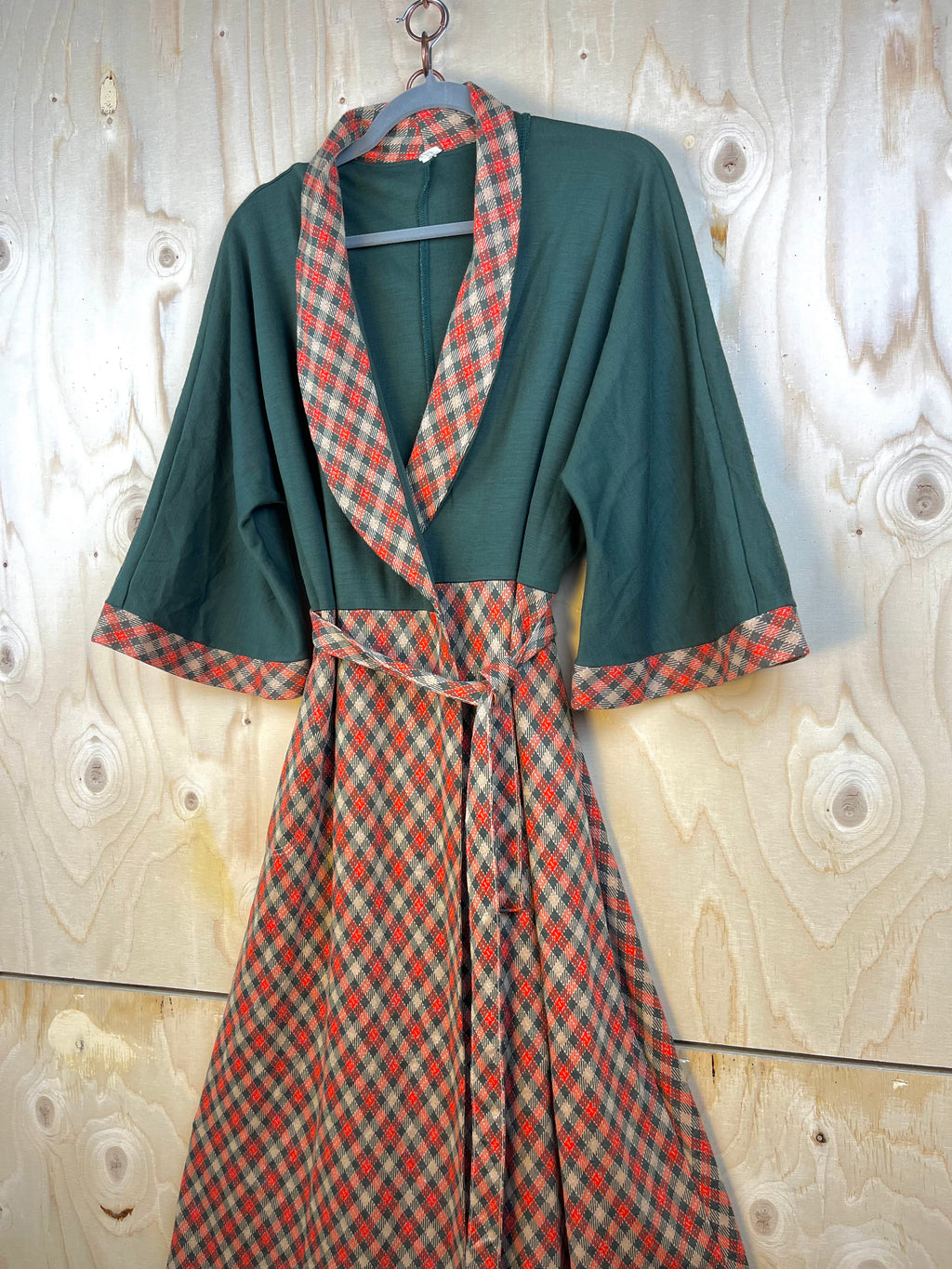 Vintage Wrap Dress Green Top Plaid Skirt Midi Dress