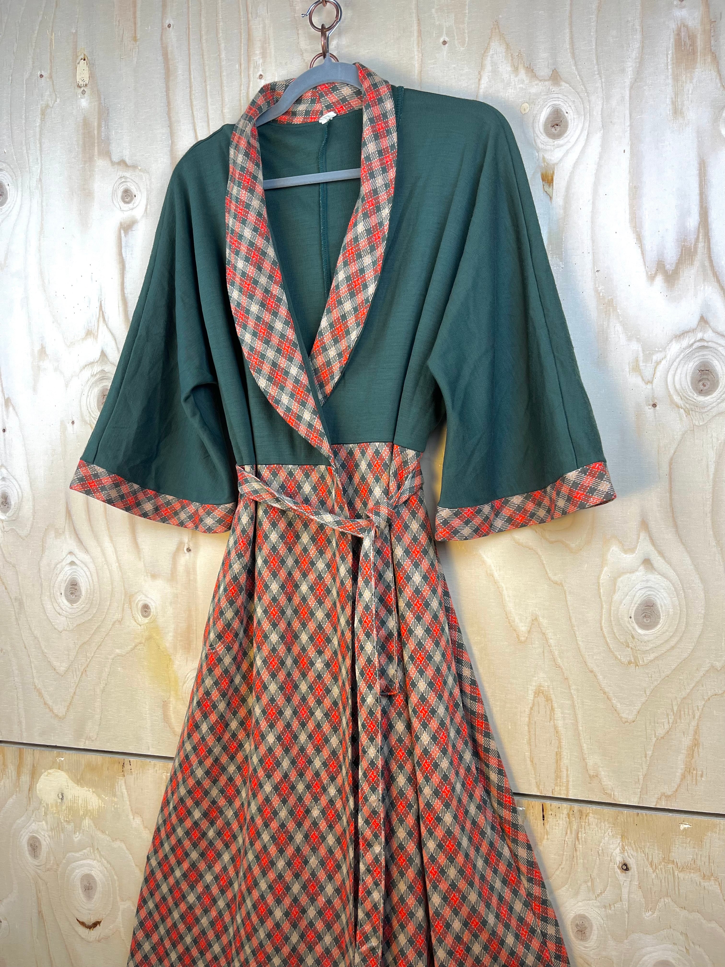 Vintage Wrap Dress Green Top Plaid Skirt Midi Dress