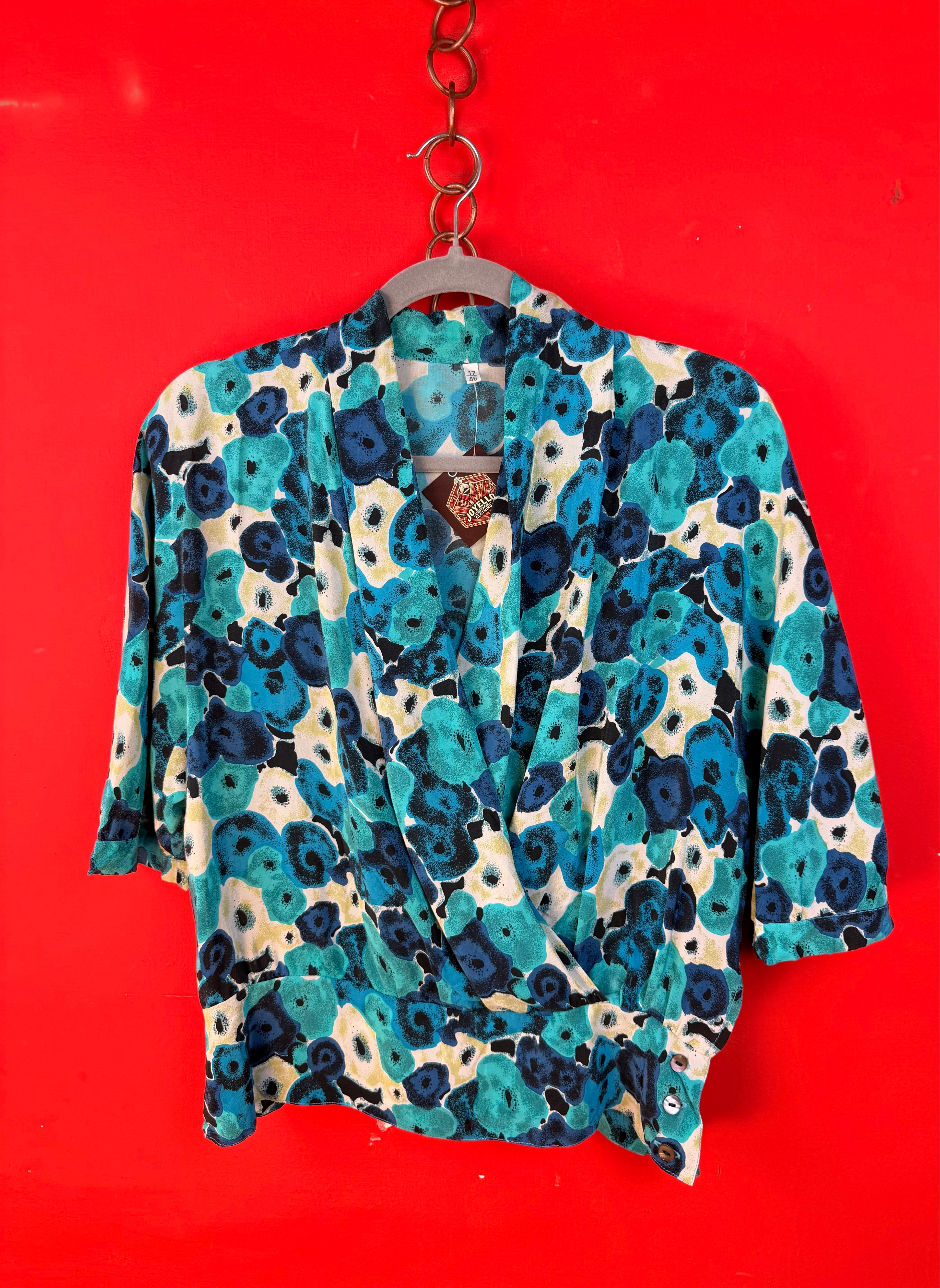 Blusa Vintage 100% Seta Fantasia Blu e Turchese