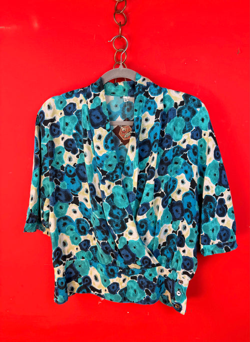 Blusa Vintage 100% Seta Fantasia Blu e Turchese
