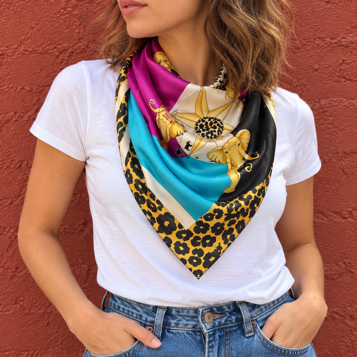 Foulard vintage con elefanti e bordo leopardato