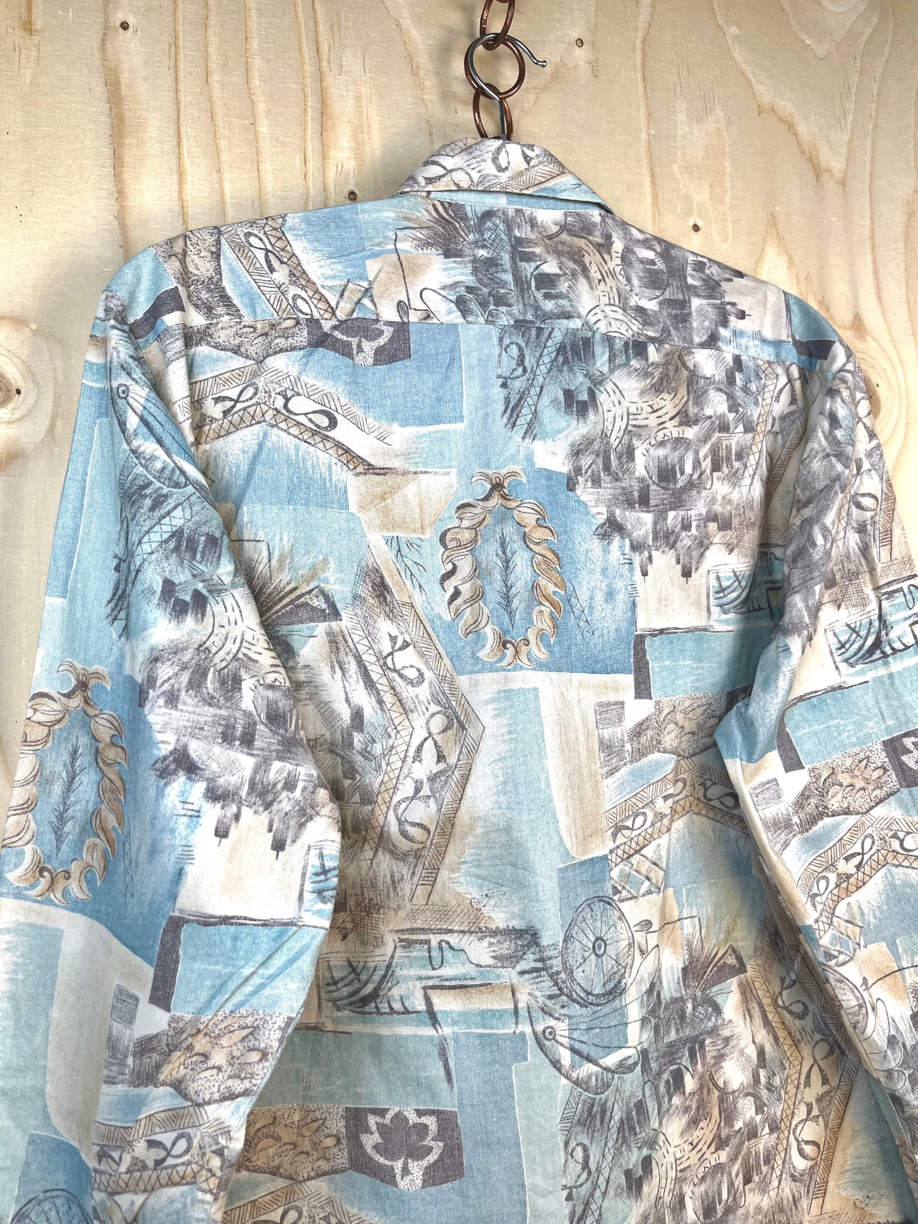 Vintage Artistic Pattern Shirt – Light Blue Retro Long Sleeve