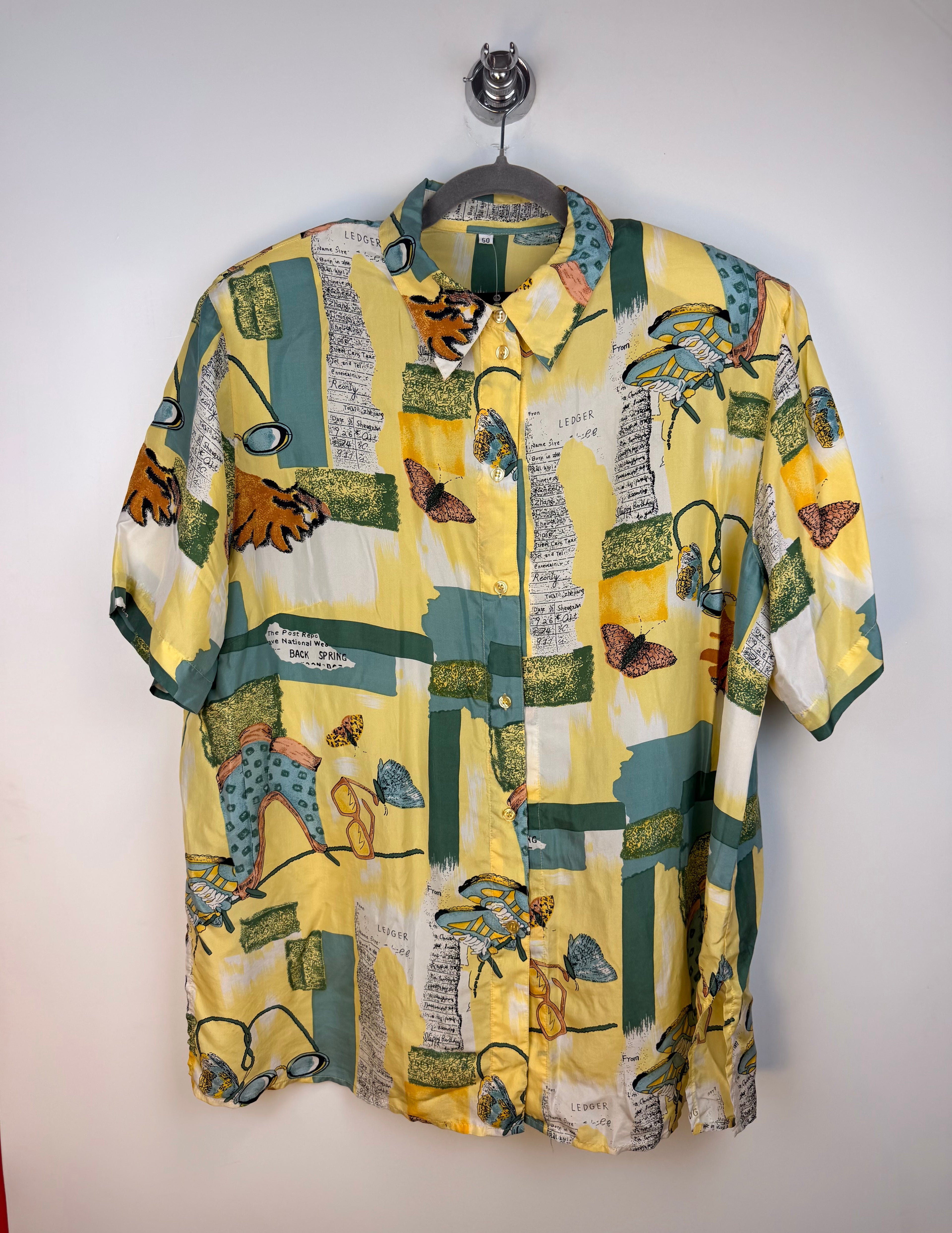 Camicia vintage 100% seta fantasia astratta gialla e verde