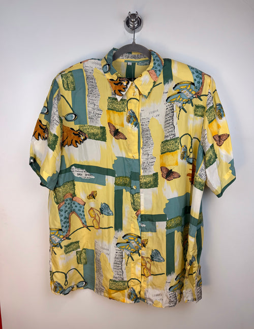 Camicia vintage 100% seta fantasia astratta gialla e verde