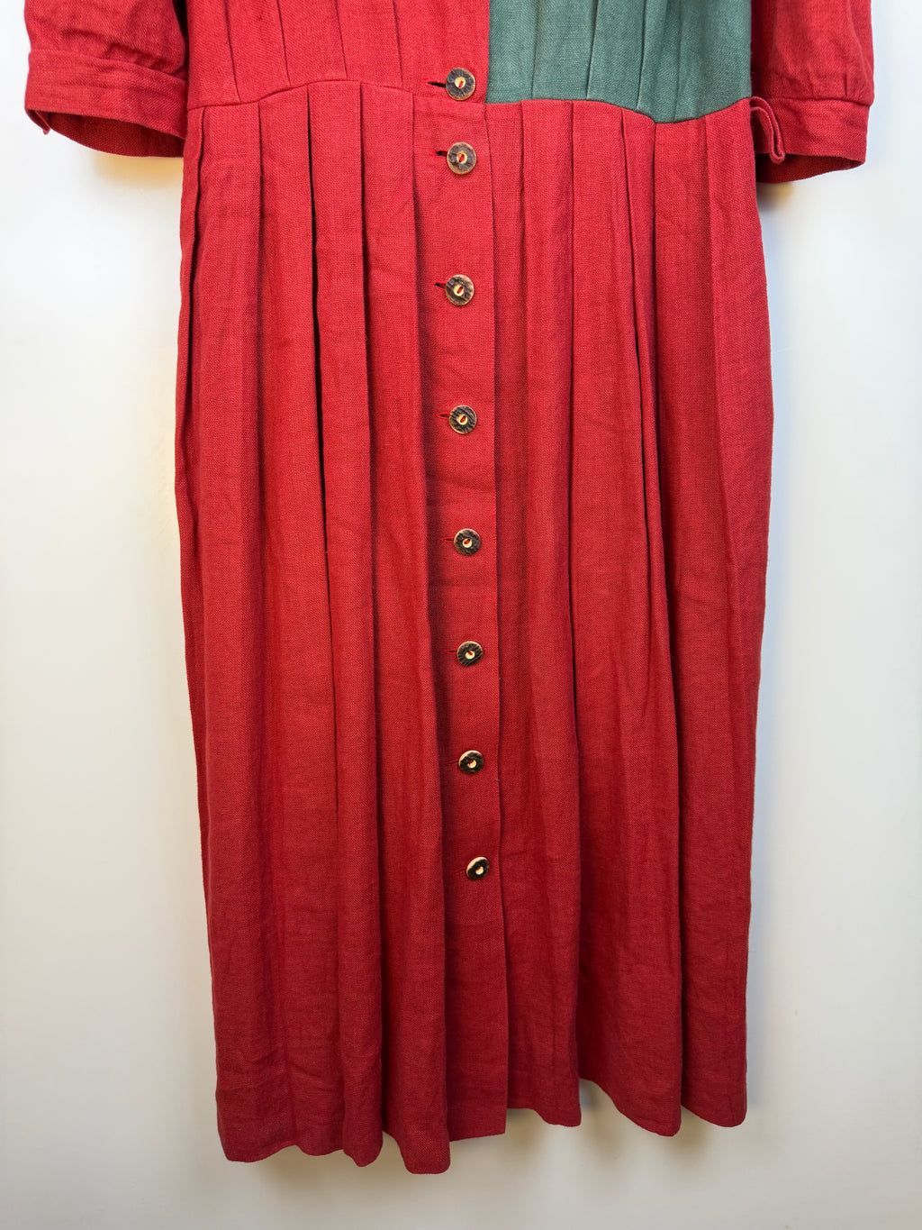 Vintage Austrian Linen Blend Dress by H. Moser – Red & Green Tirolean Maxi Dress
