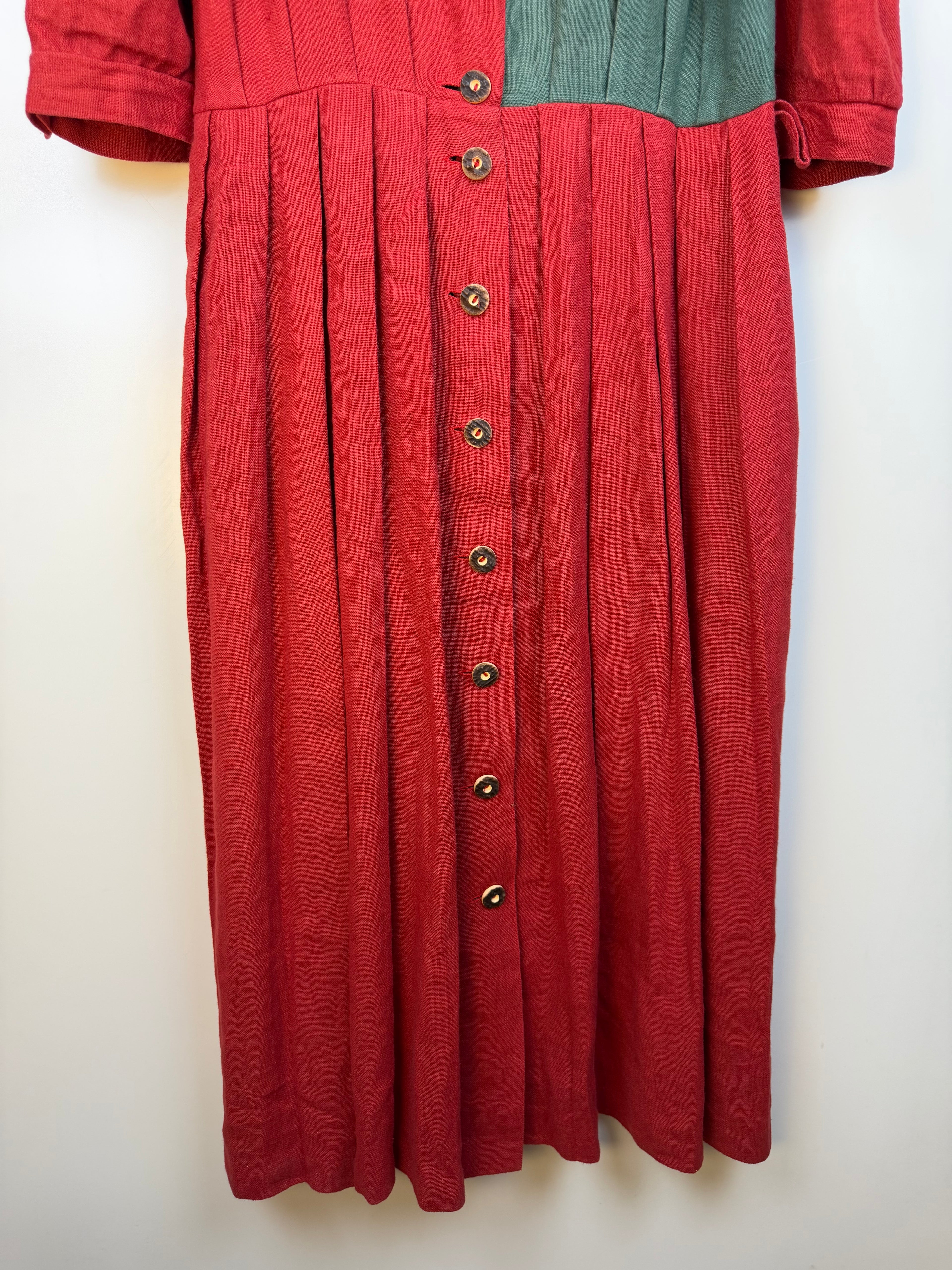 Vintage Austrian Linen Blend Dress by H. Moser – Red & Green Tirolean Maxi Dress