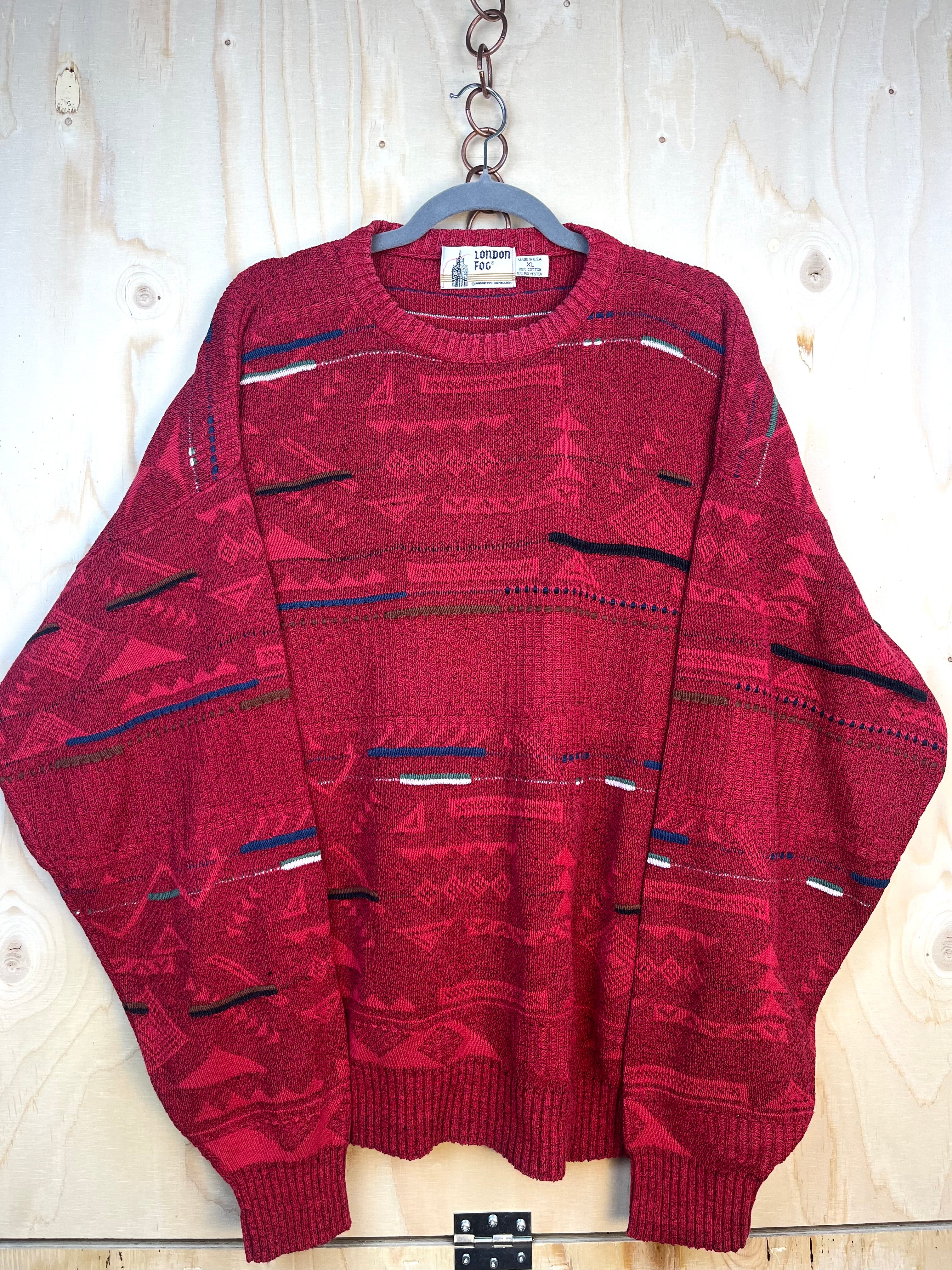 Vintage 90s London Fog Pattern Knit Sweater Red Made in USA