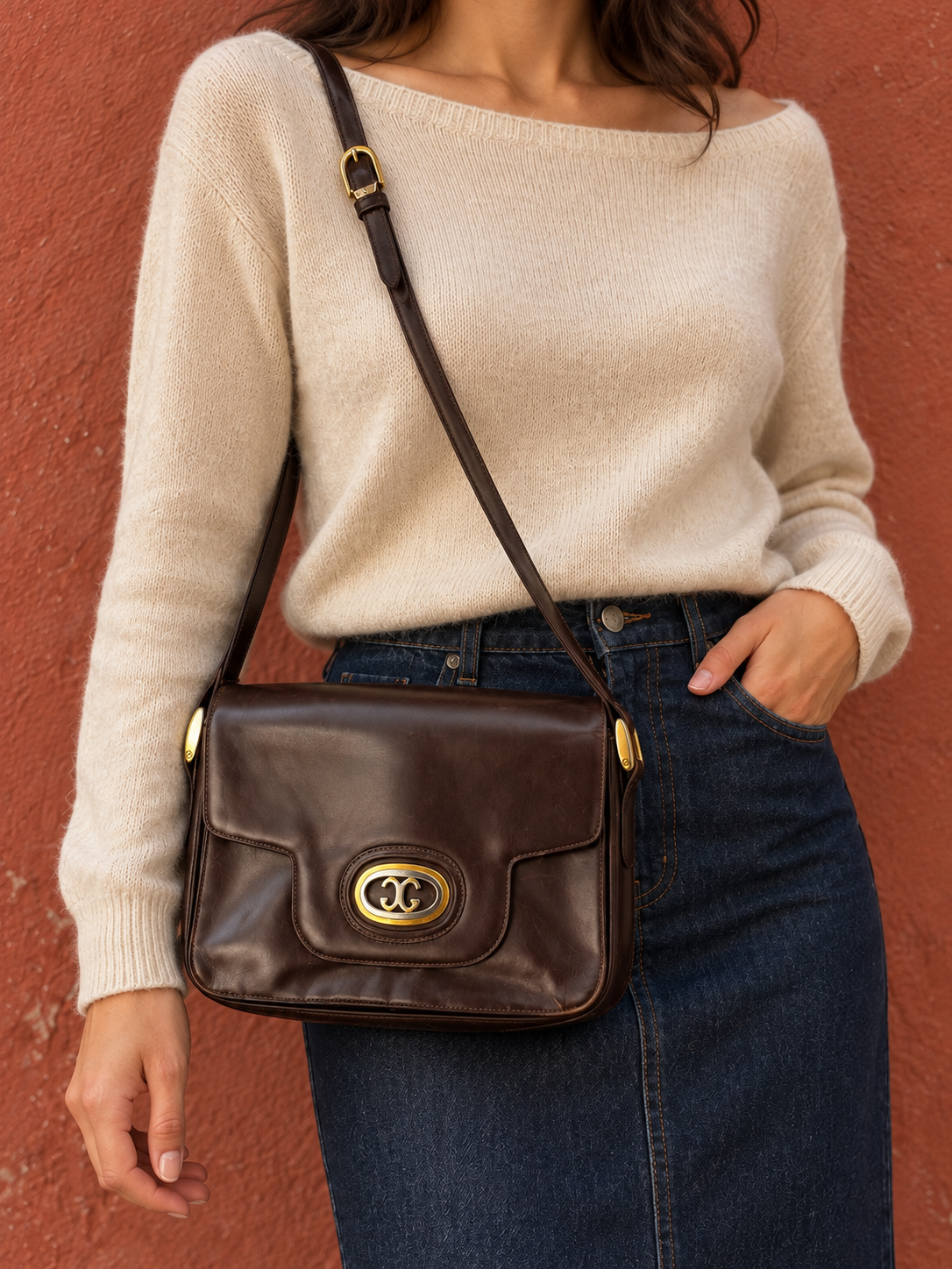 Borsa vintage in pelle marrone cioccolato con dettagli bicolore