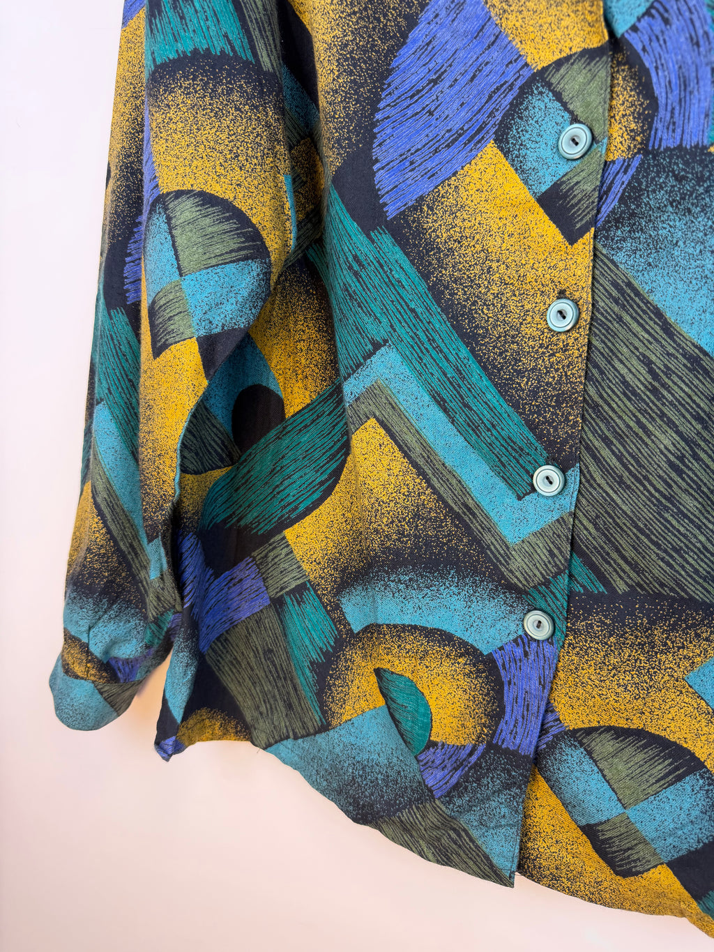 Camicia vintage fantasia geometrica – turchese e senape