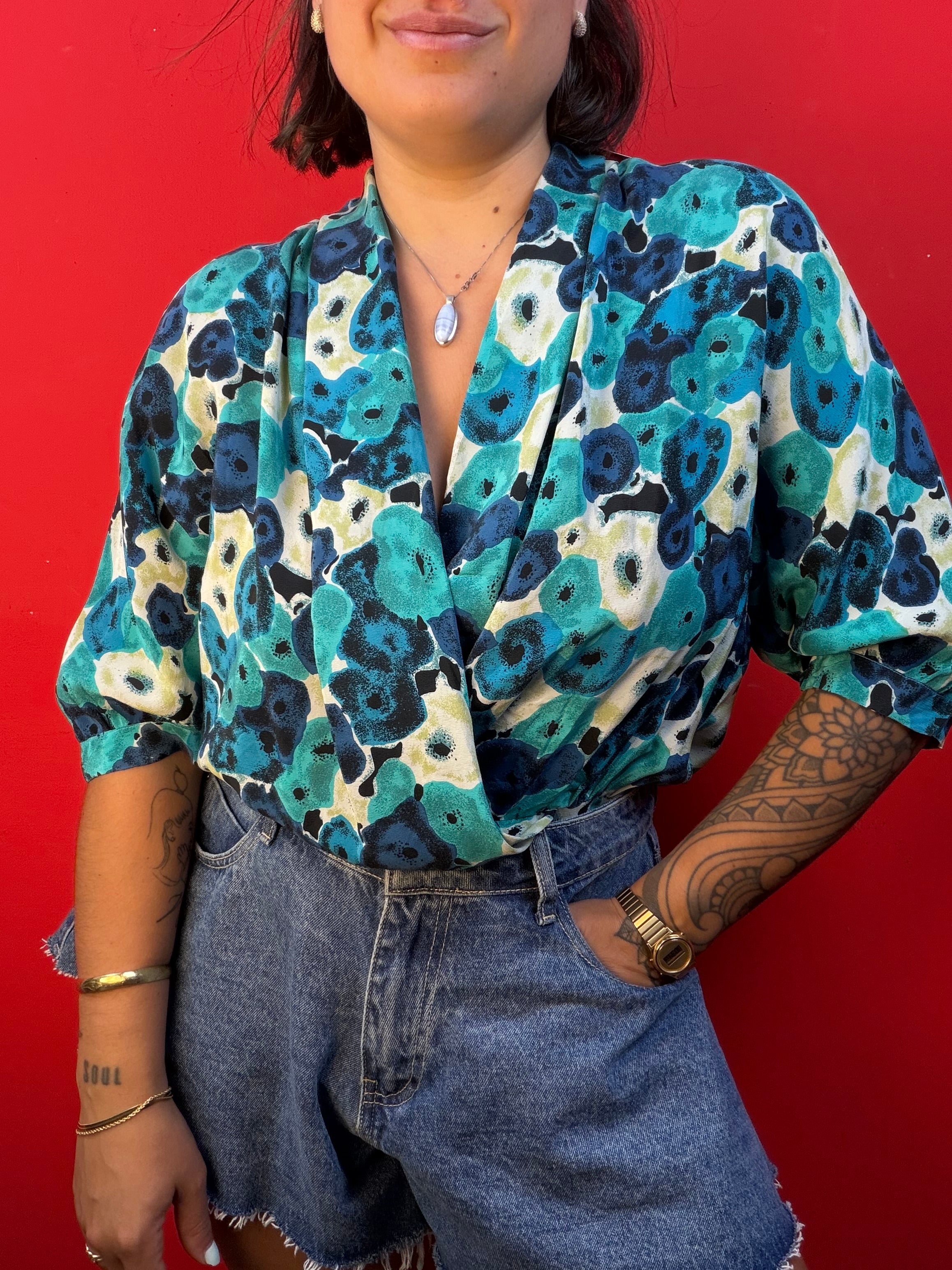 Blusa Vintage 100% Seta Fantasia Blu e Turchese