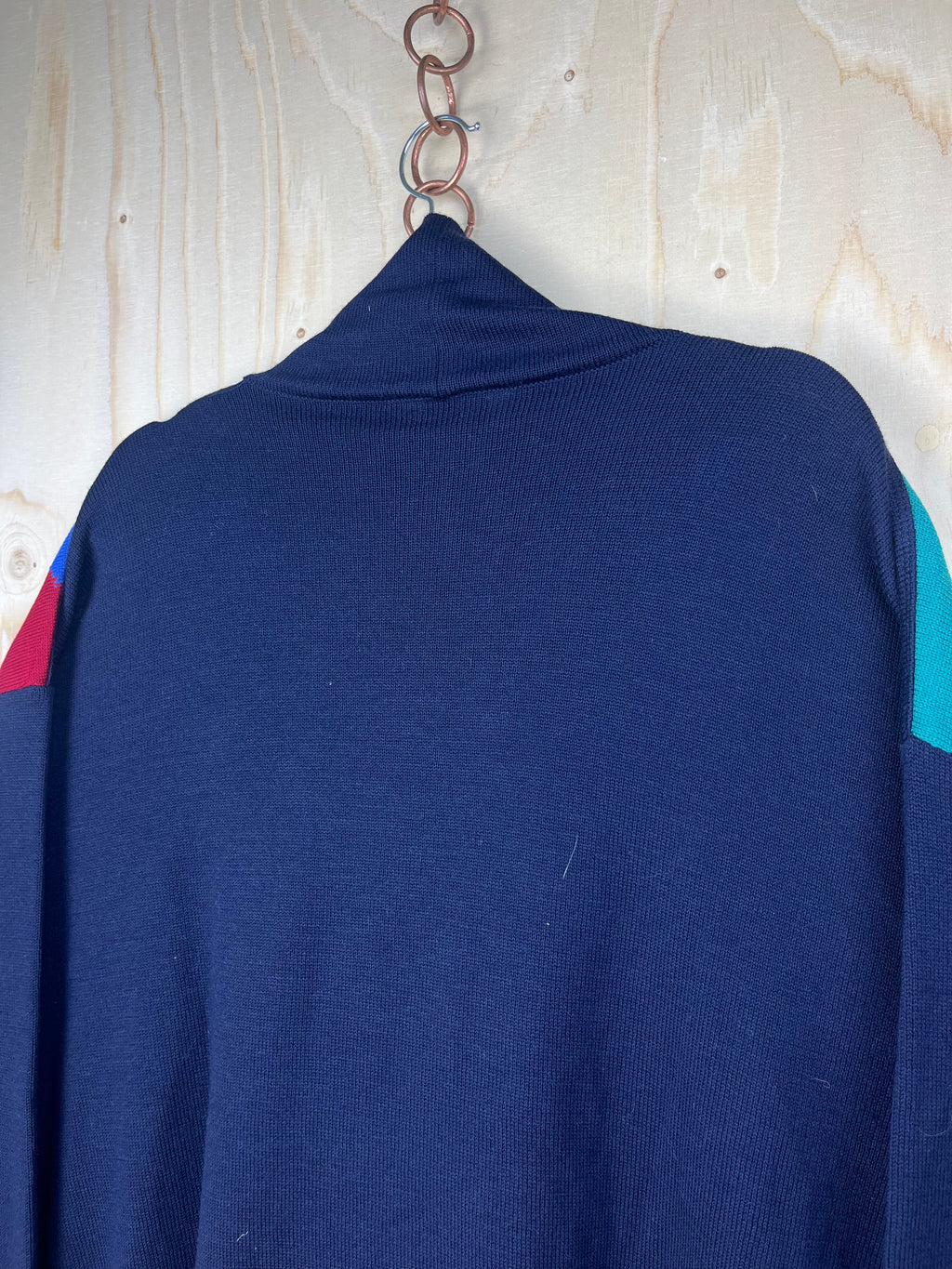 Vintage Italian Pure Wool Cardigan Geometric Pattern Navy Blue Oversized Fit