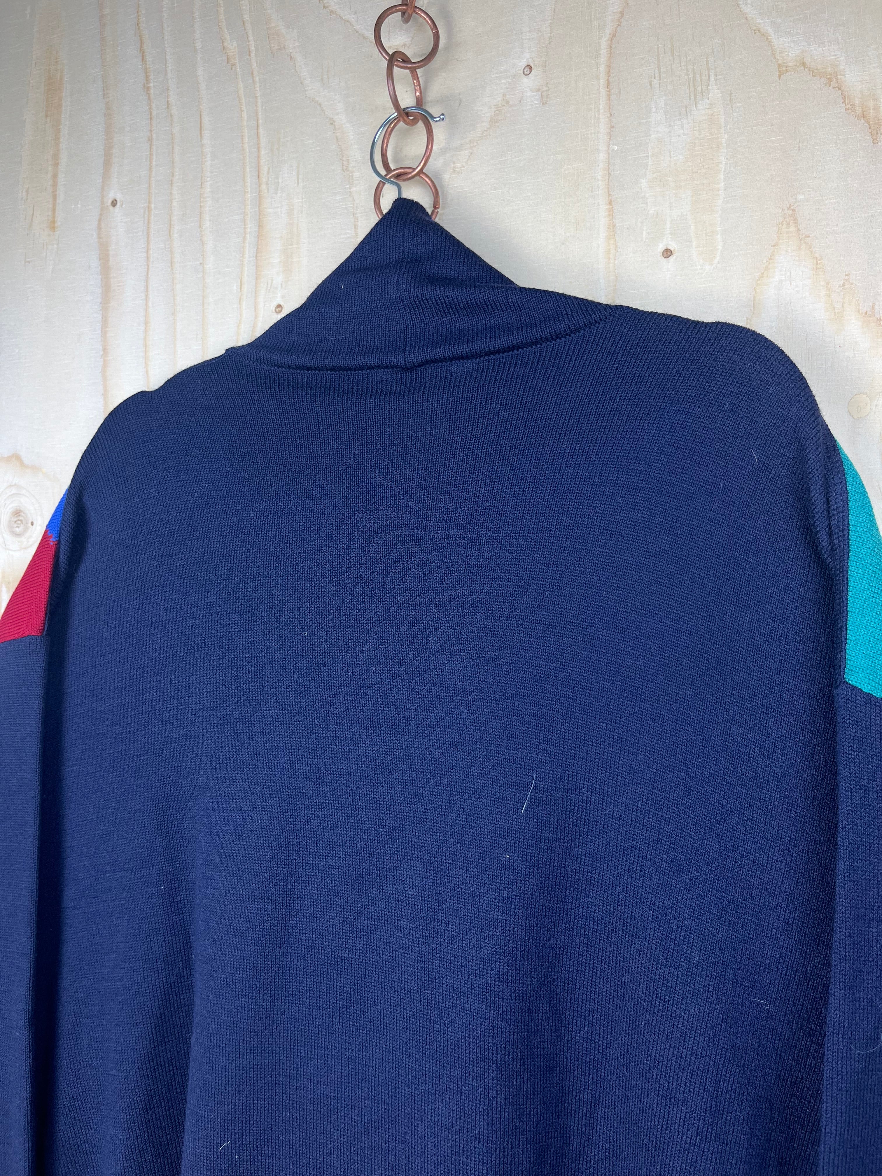 Vintage Italian Pure Wool Cardigan Geometric Pattern Navy Blue Oversized Fit
