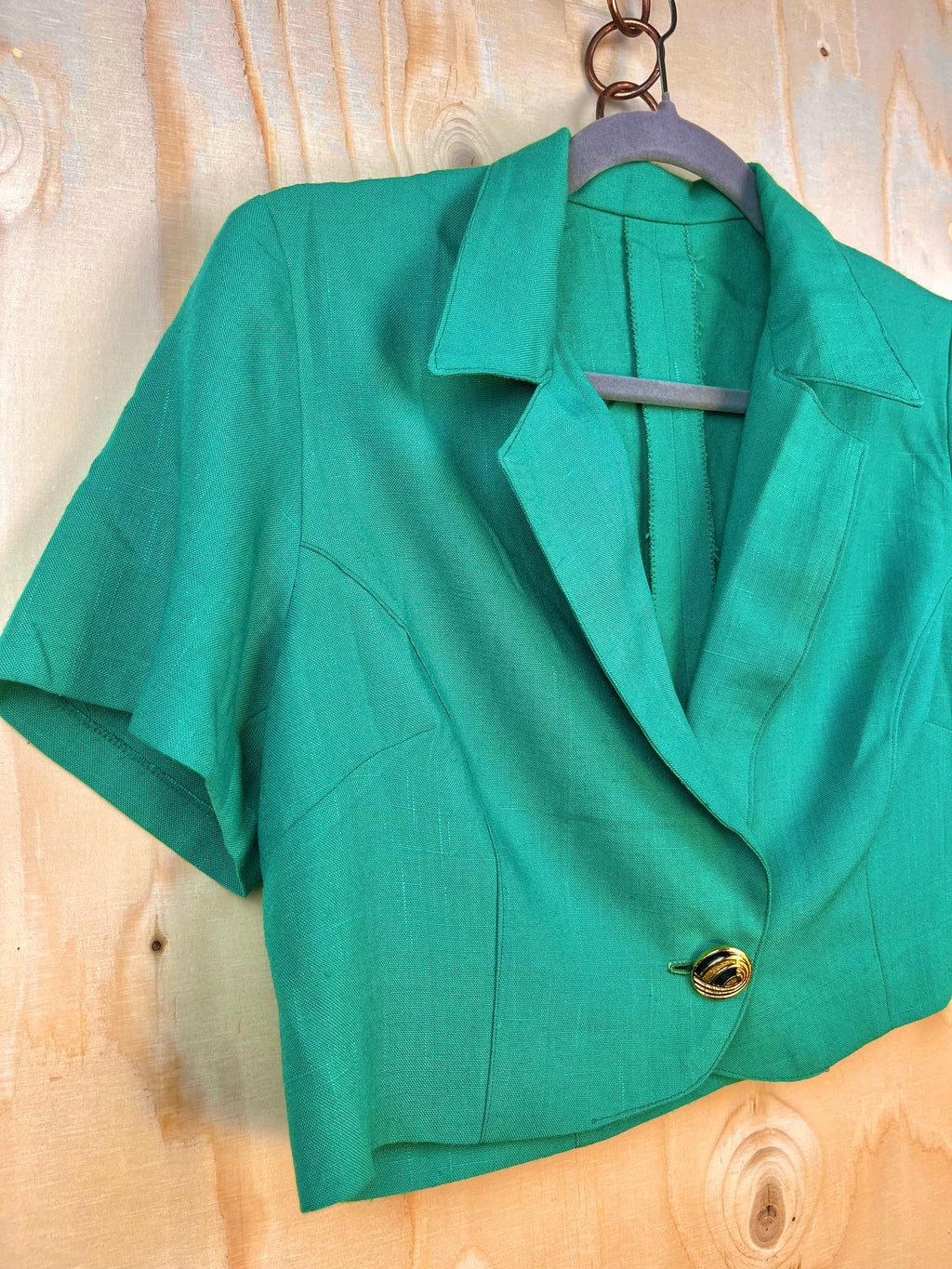 Vintage Linen Cropped Blazer – Emerald Green