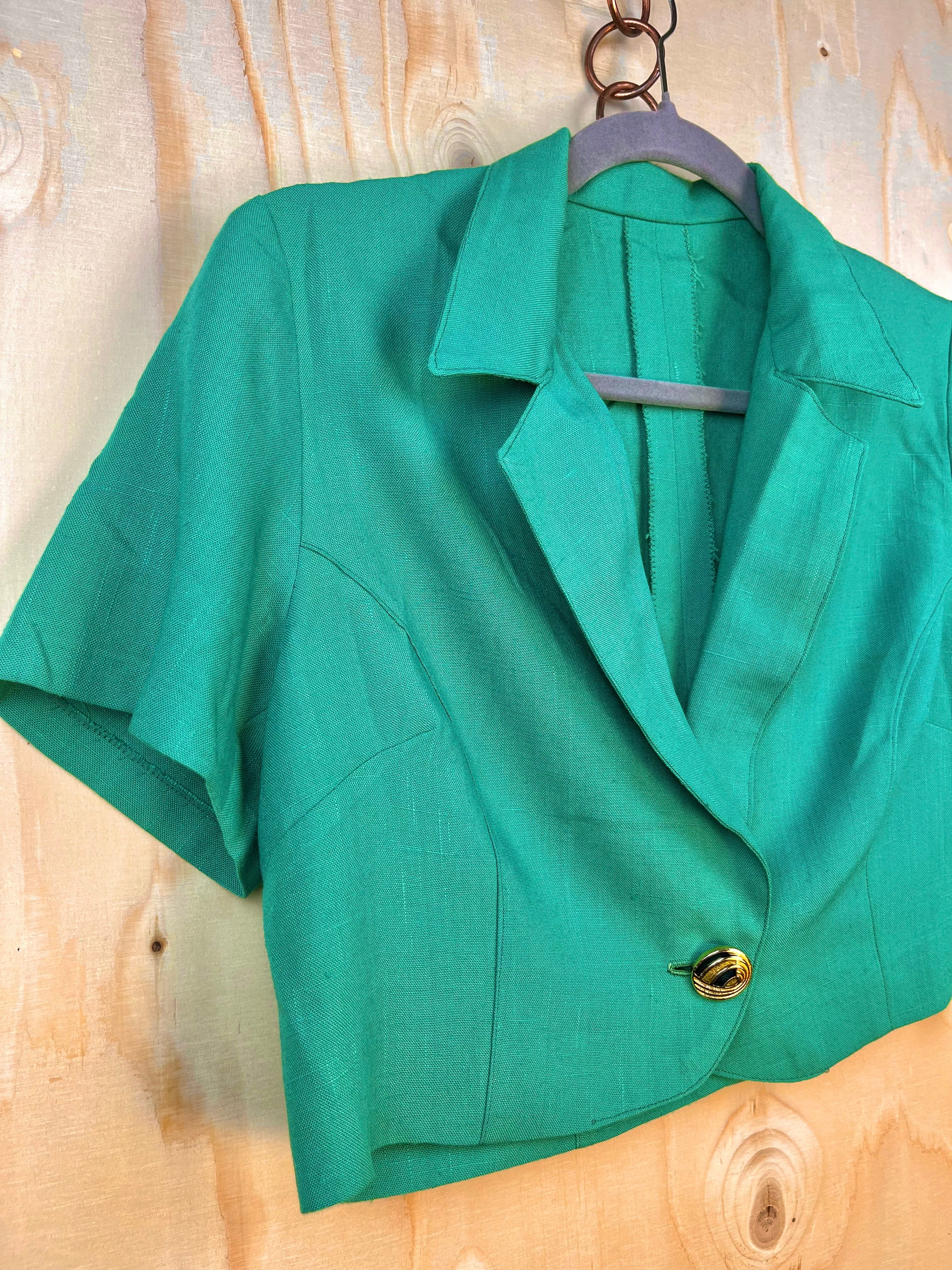Vintage Linen Cropped Blazer – Emerald Green