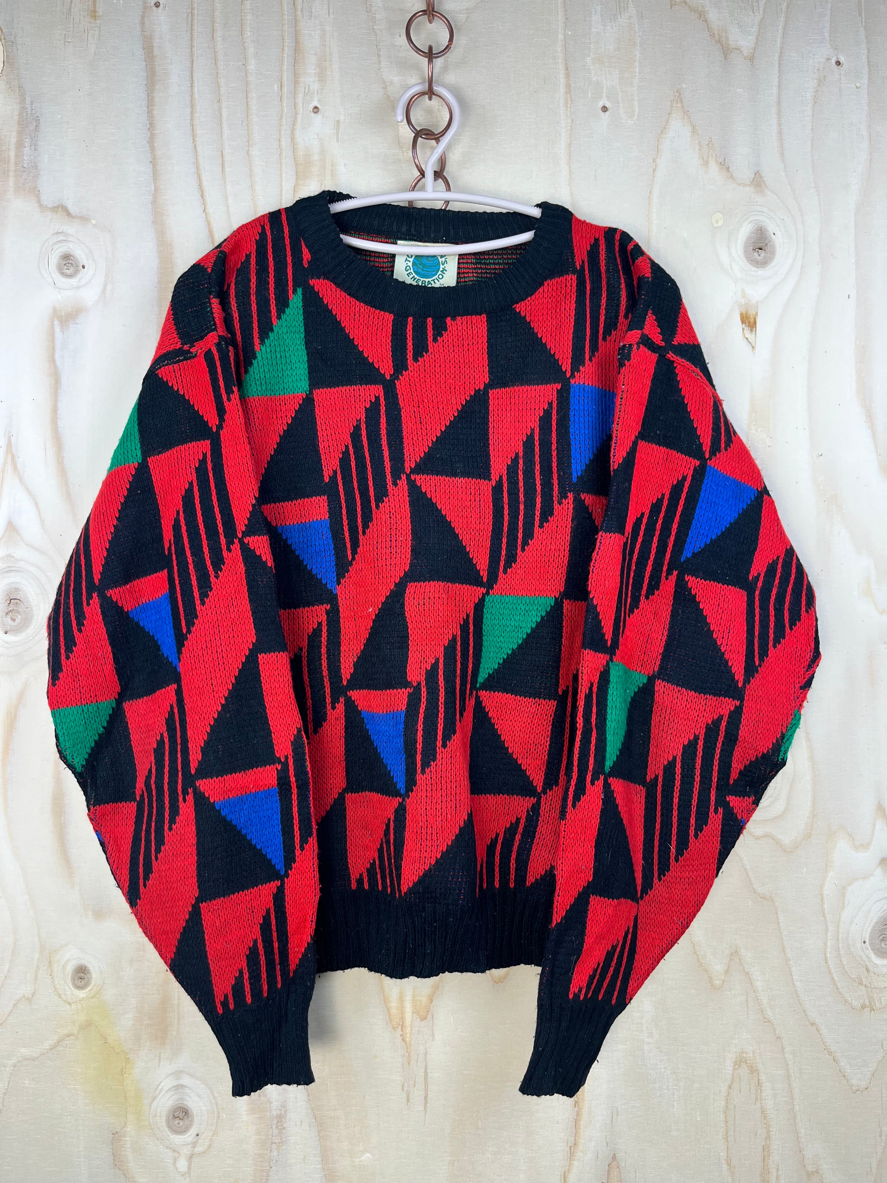 Vintage 90s Geometric Knit Sweater – Red & Black Oversized