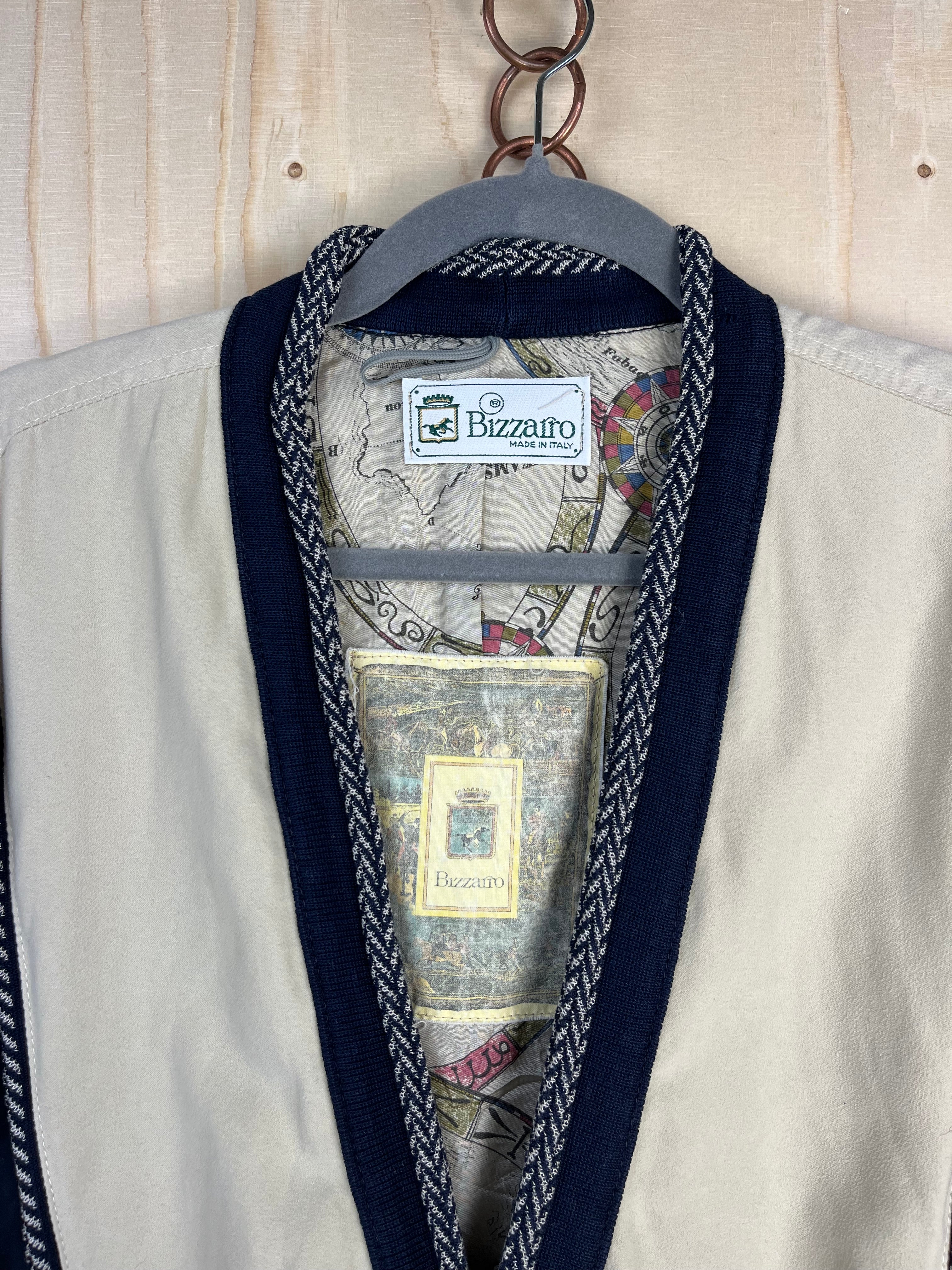 Giacca Bomber Vintage Bizzarro in Cotone Beige e Blu Navy