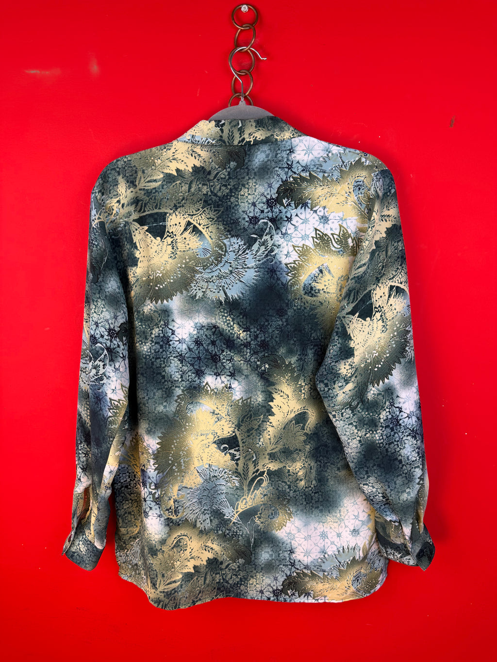 Blusa vintage 100% seta fantasia astratta verde e beige