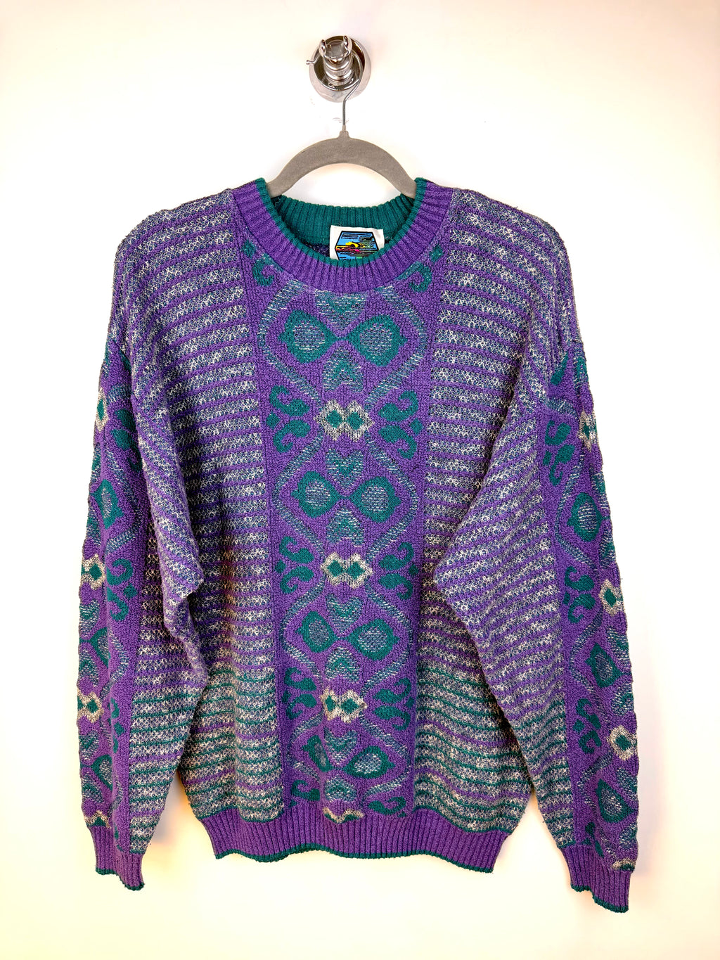 Maglione vintage jacquard viola e verde – M