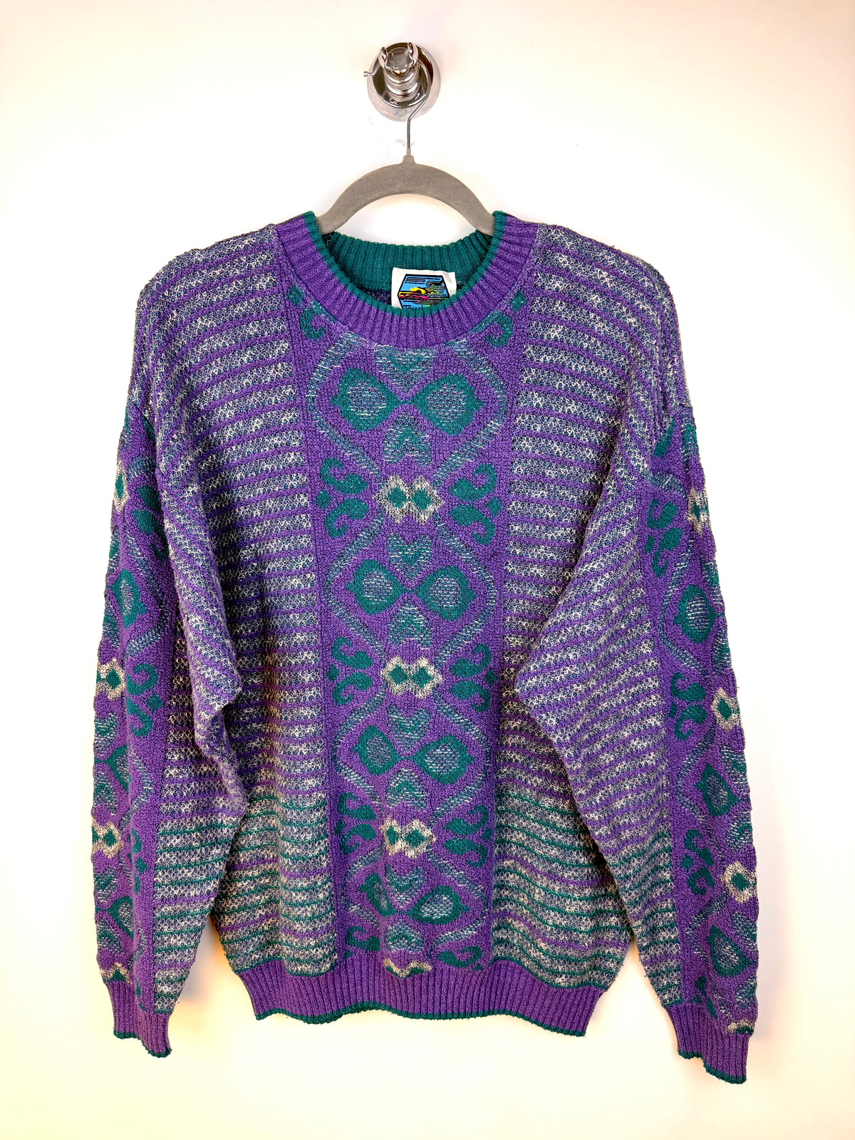 Maglione vintage jacquard viola e verde – M