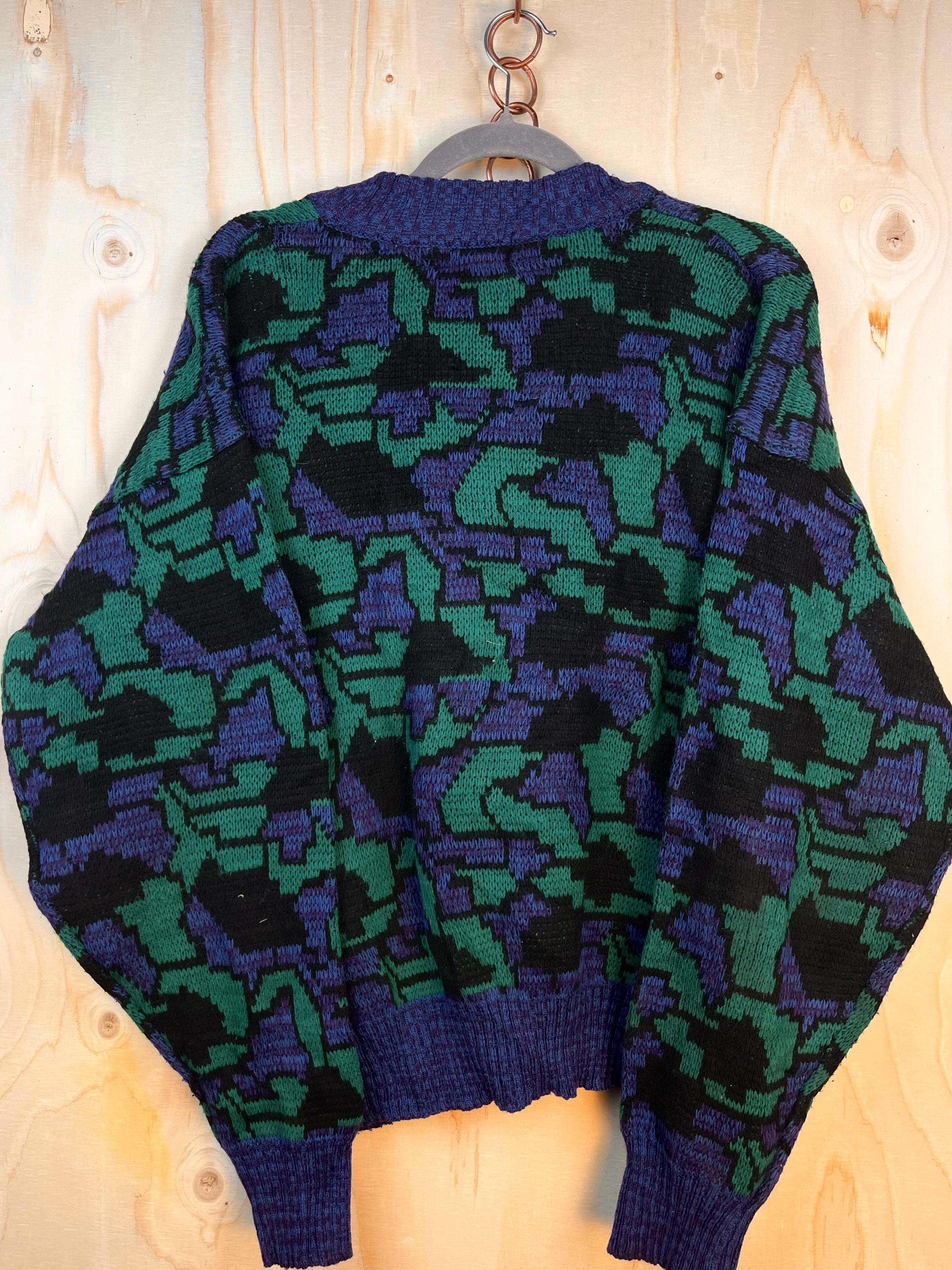 Vintage Abstract Pattern V-Neck Sweater Purple Green Oversize
