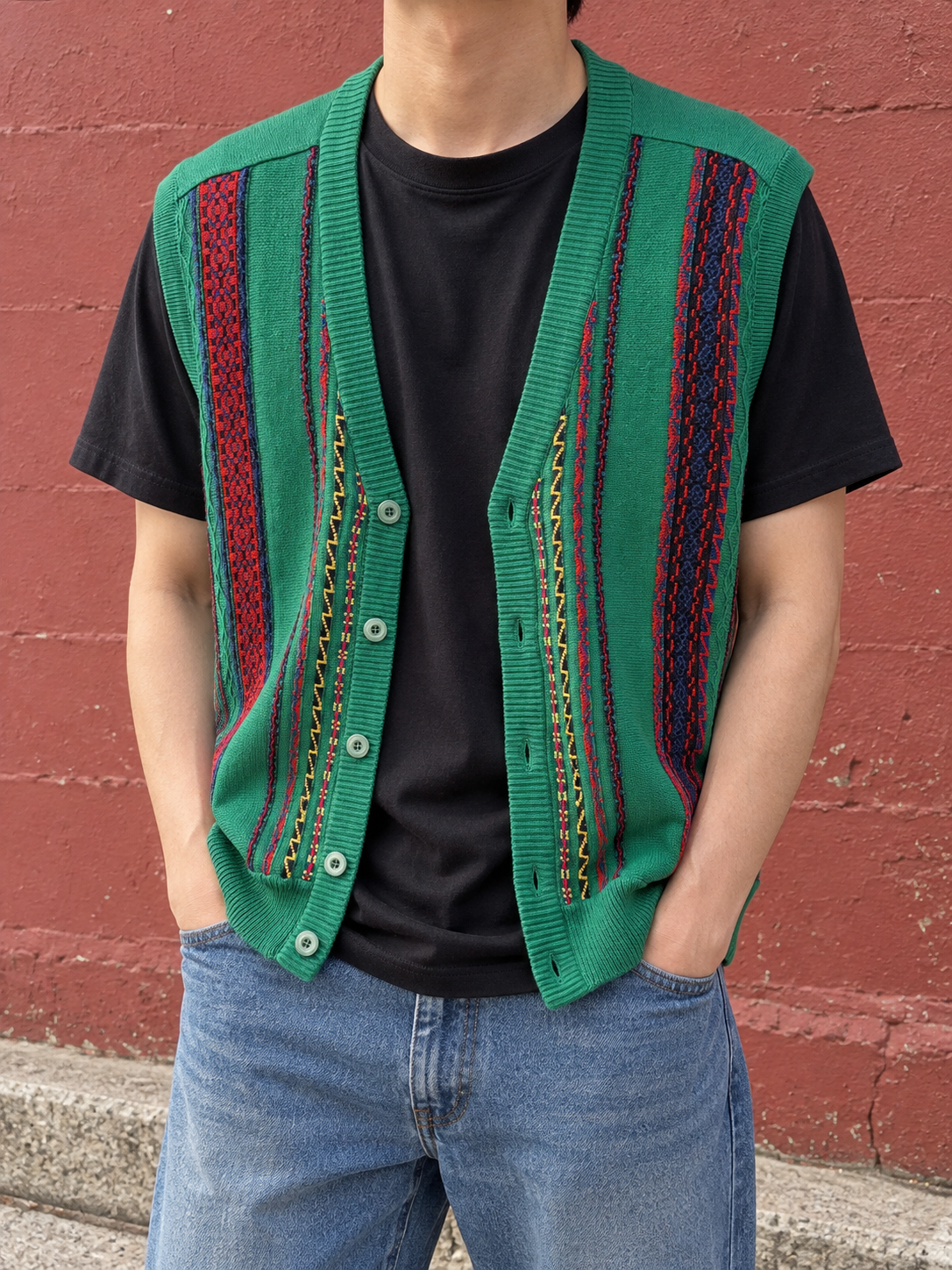 Gilet vintage Les Copains verde a fantasia geometrica