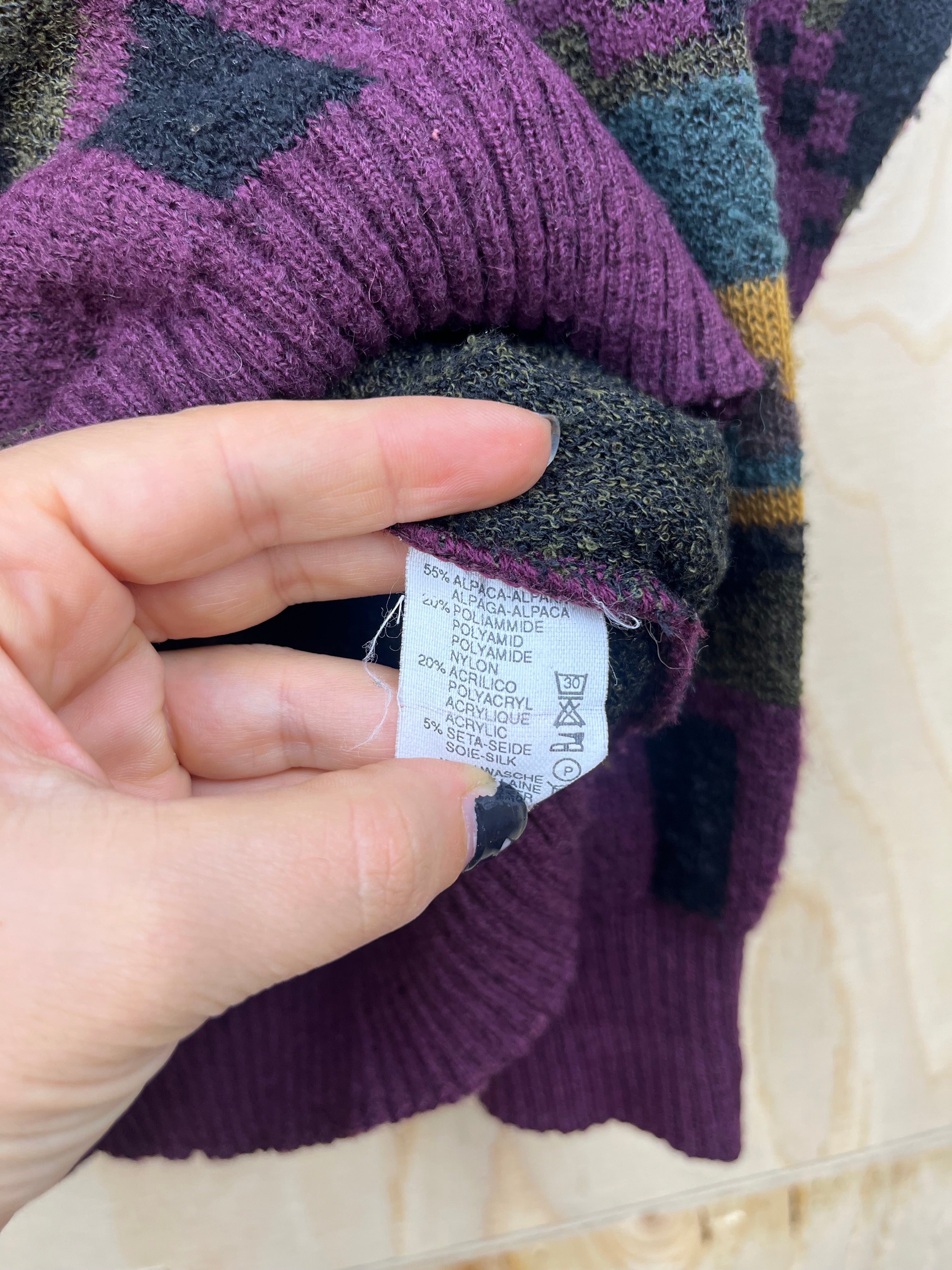 Vintage Italian Alpaca Blend Pattern Sweater Purple Abstract Knit Made in Italy