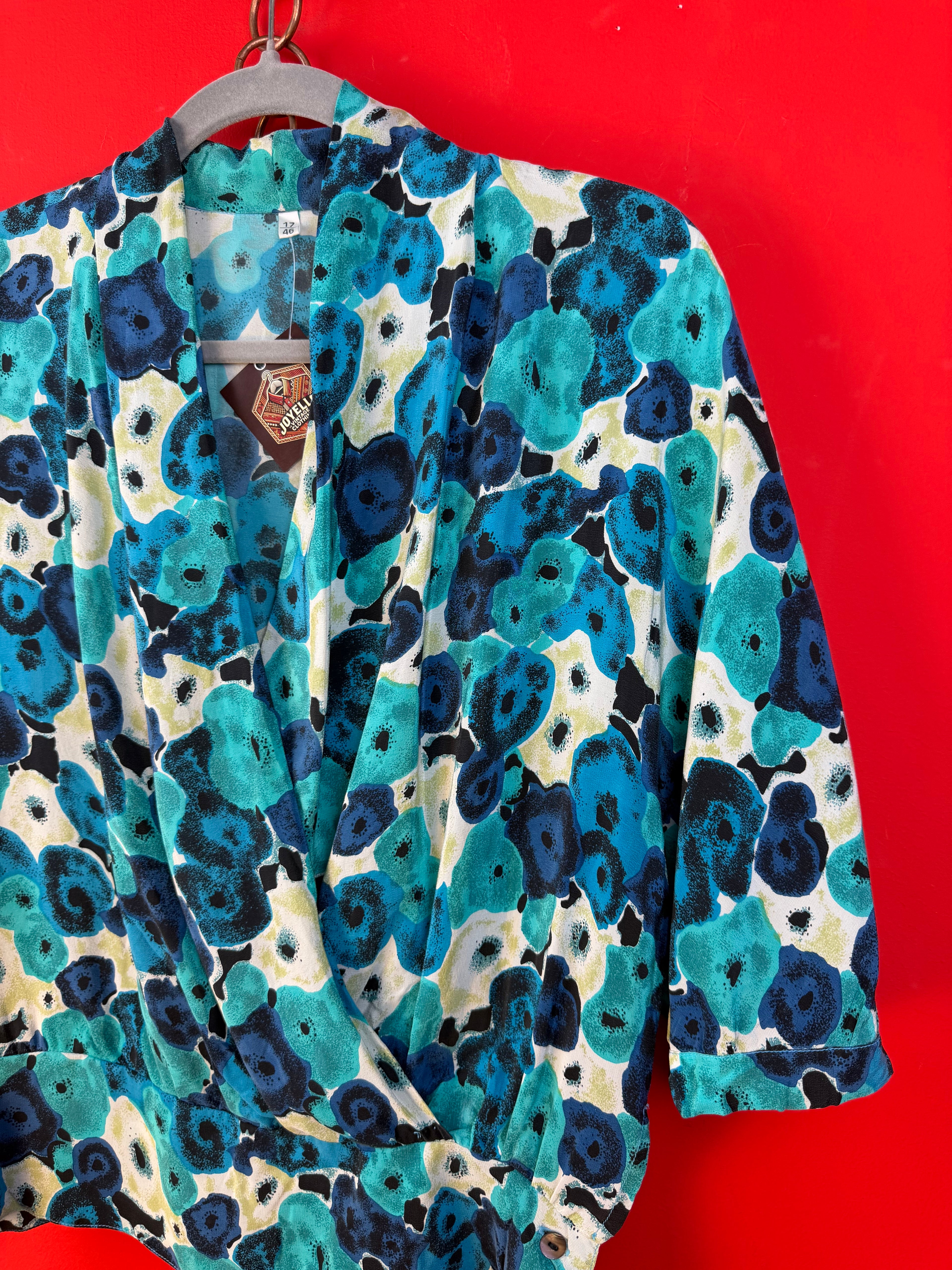 Blusa Vintage 100% Seta Fantasia Blu e Turchese
