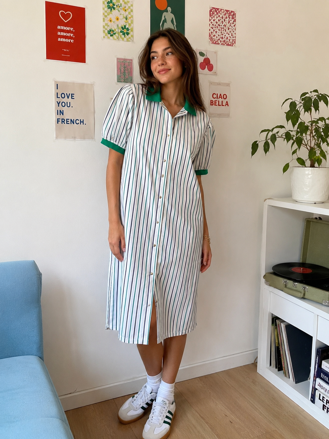 Vintage Striped Shirt Dress with Green Contrast Collar