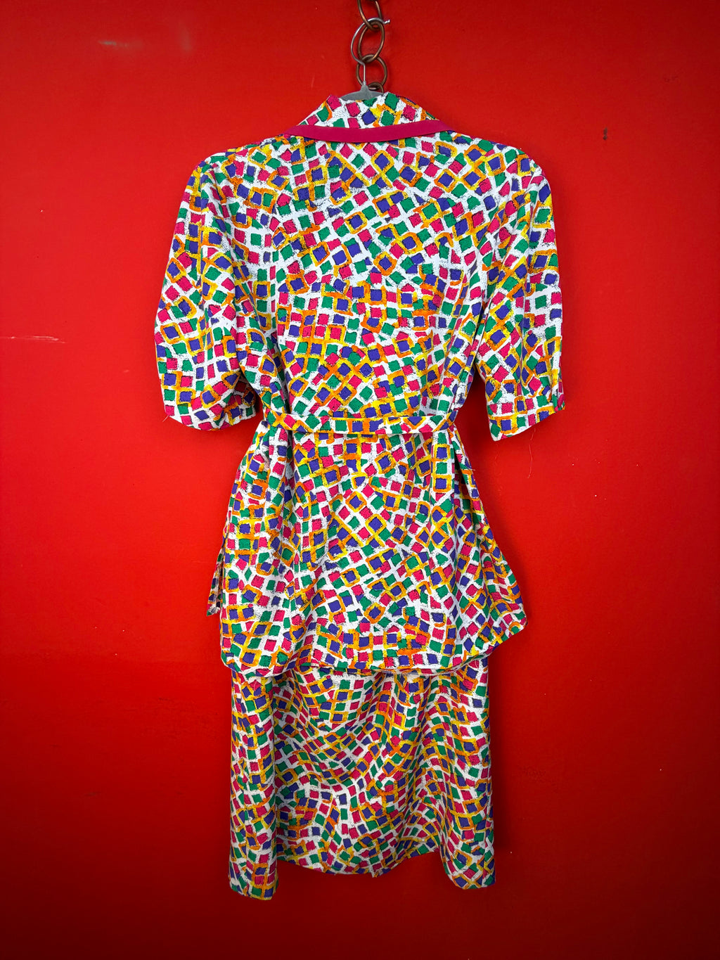 Vintage 80s Geometric Peplum Jacket & Skirt Set