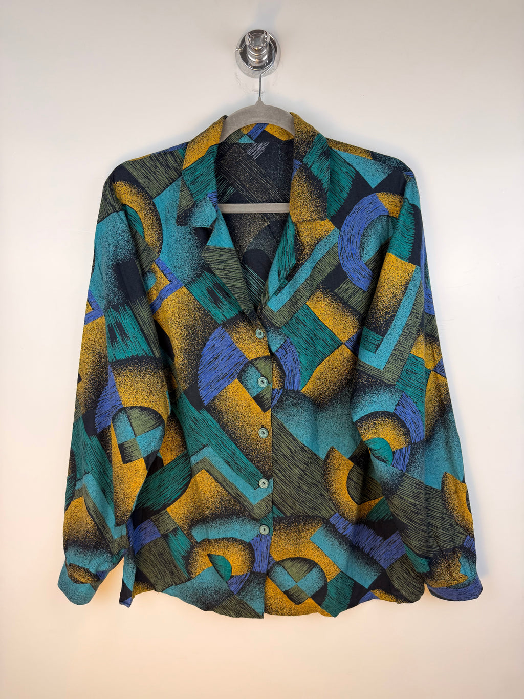 Camicia vintage fantasia geometrica – turchese e senape