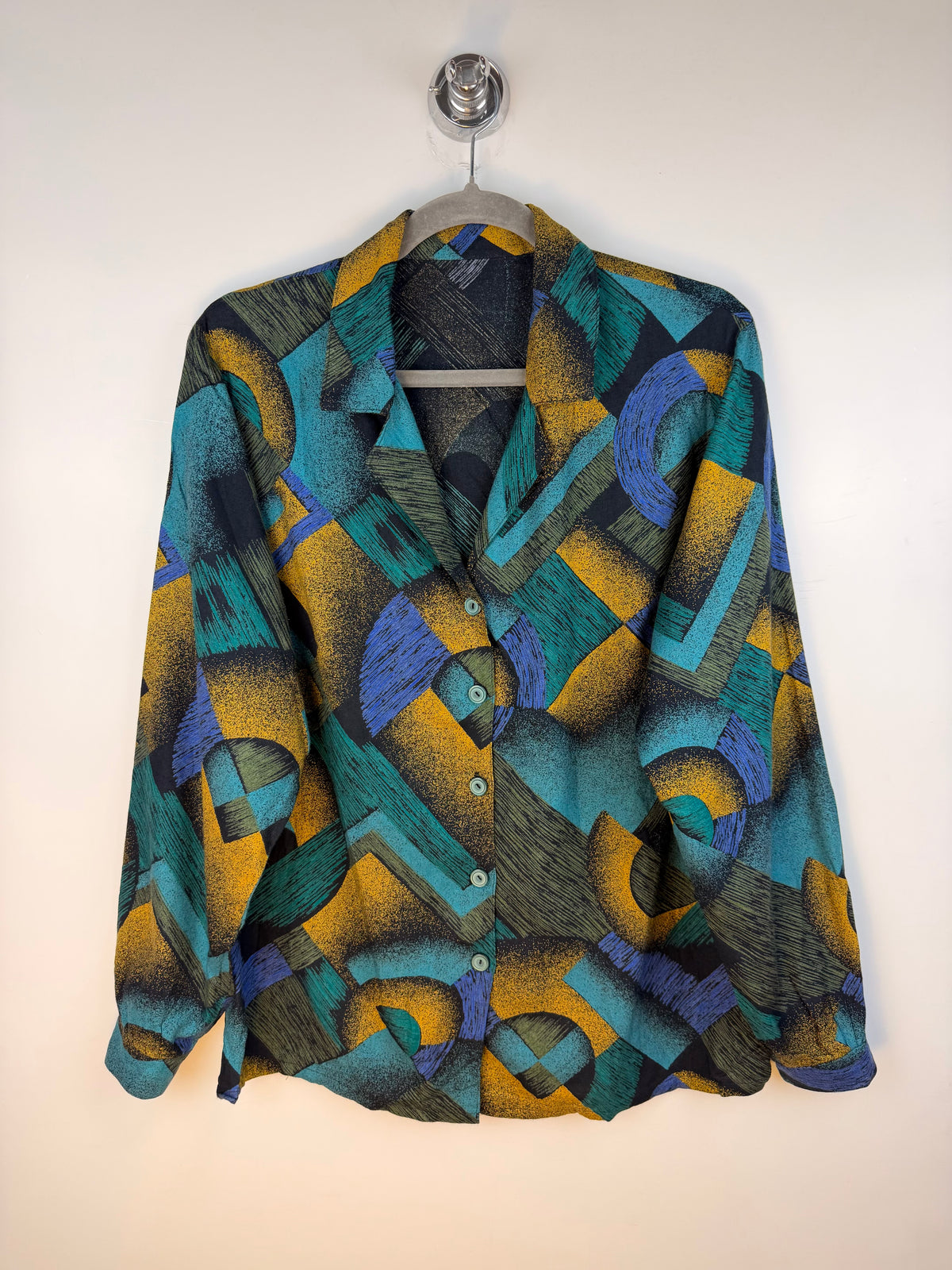 Camicia vintage fantasia geometrica – turchese e senape