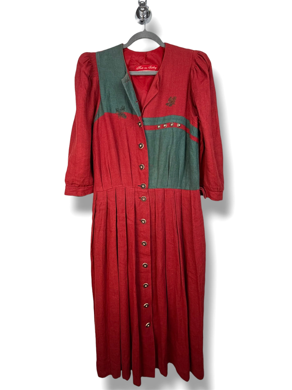 Vintage Austrian Linen Blend Dress by H. Moser – Red & Green Tirolean Maxi Dress