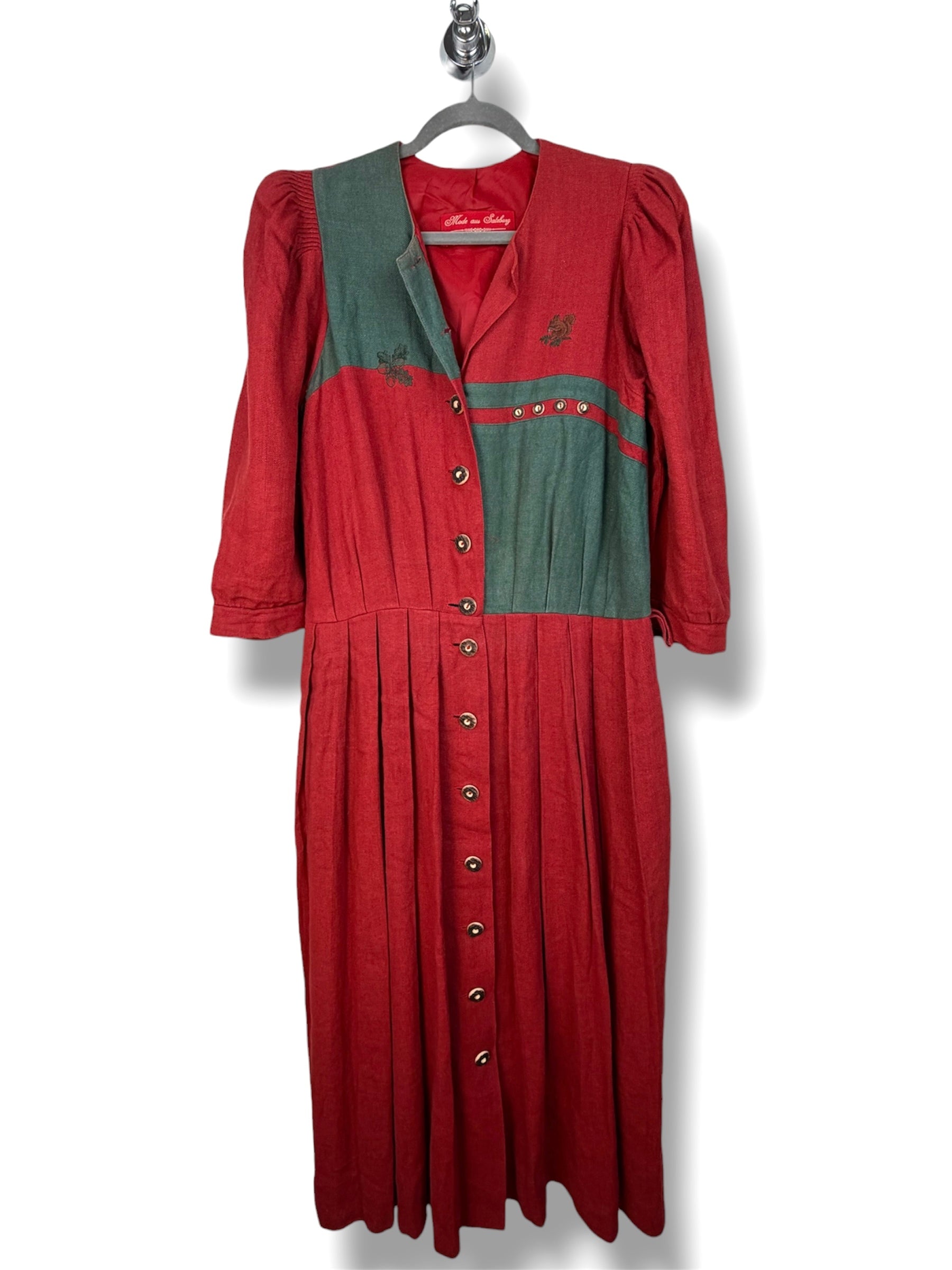 Vintage Austrian Linen Blend Dress by H. Moser – Red & Green Tirolean Maxi Dress