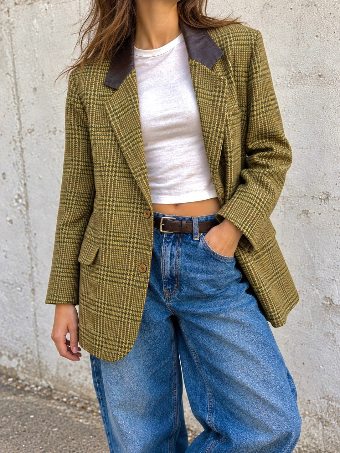 Blazer vintage 80s in lana vergine – check verde e collo a contrasto