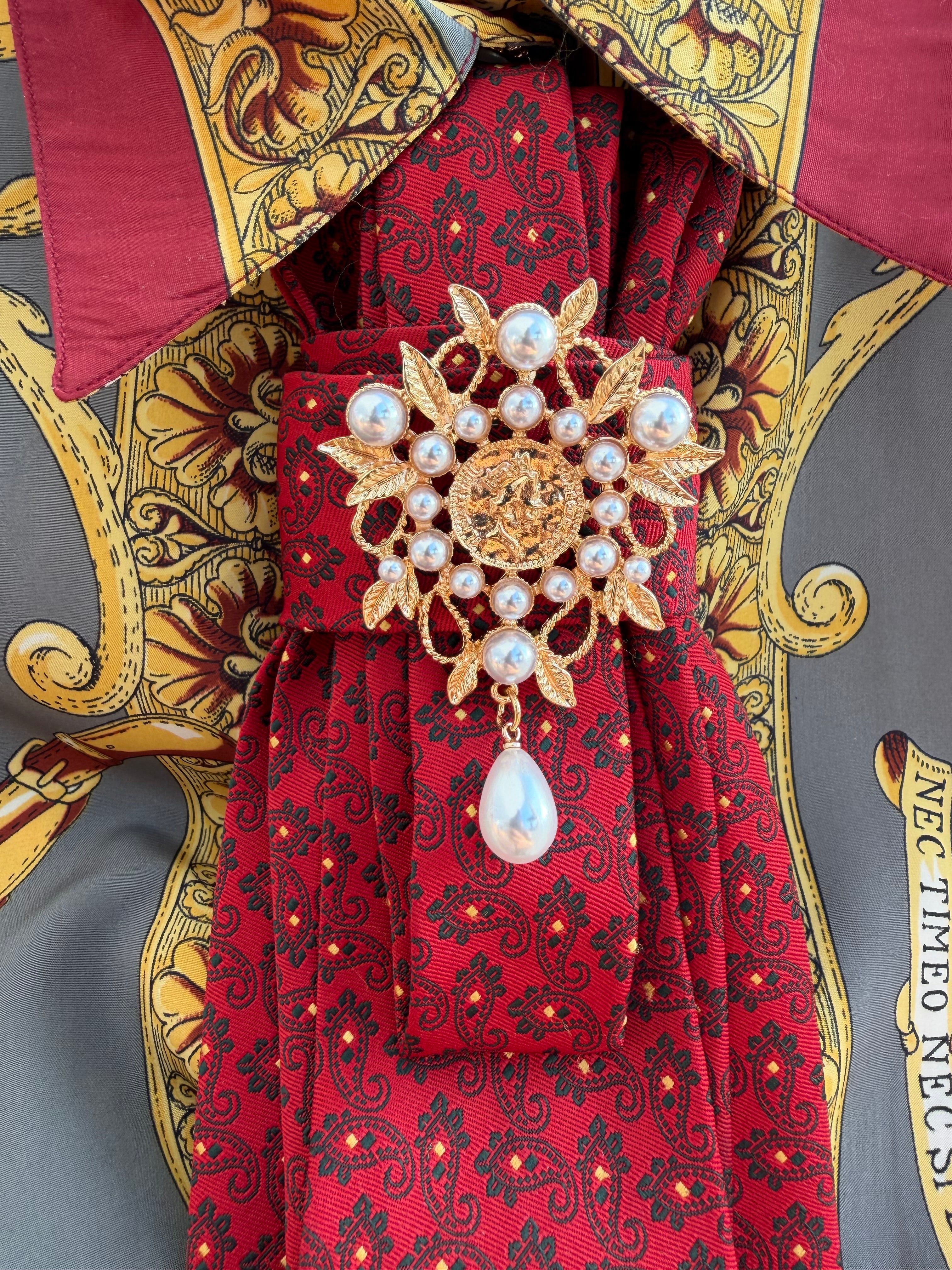 Upcycled Vintage Tie Necklace with Removable Gold Pearl Brooch