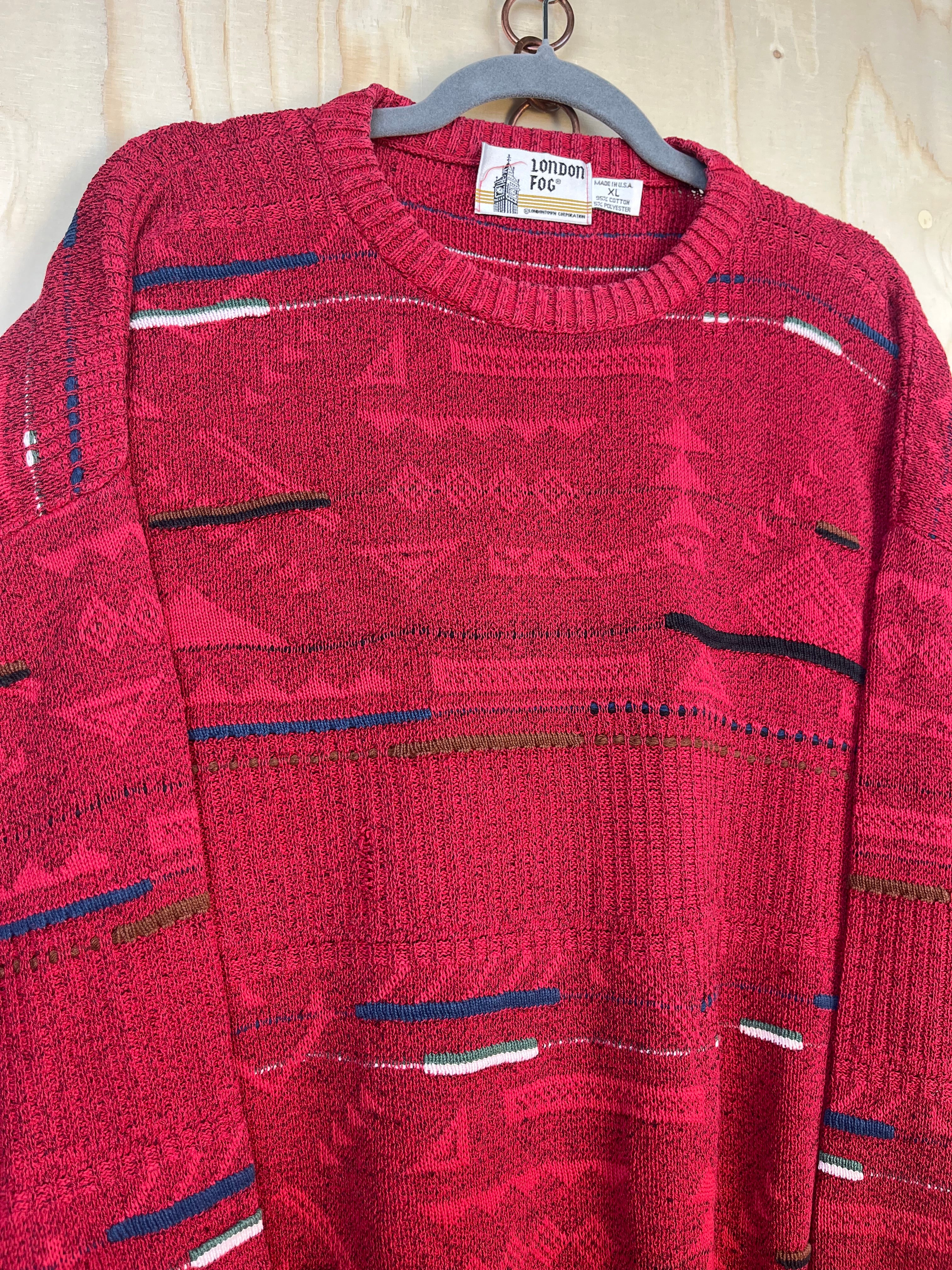 Vintage 90s London Fog Pattern Knit Sweater Red Made in USA