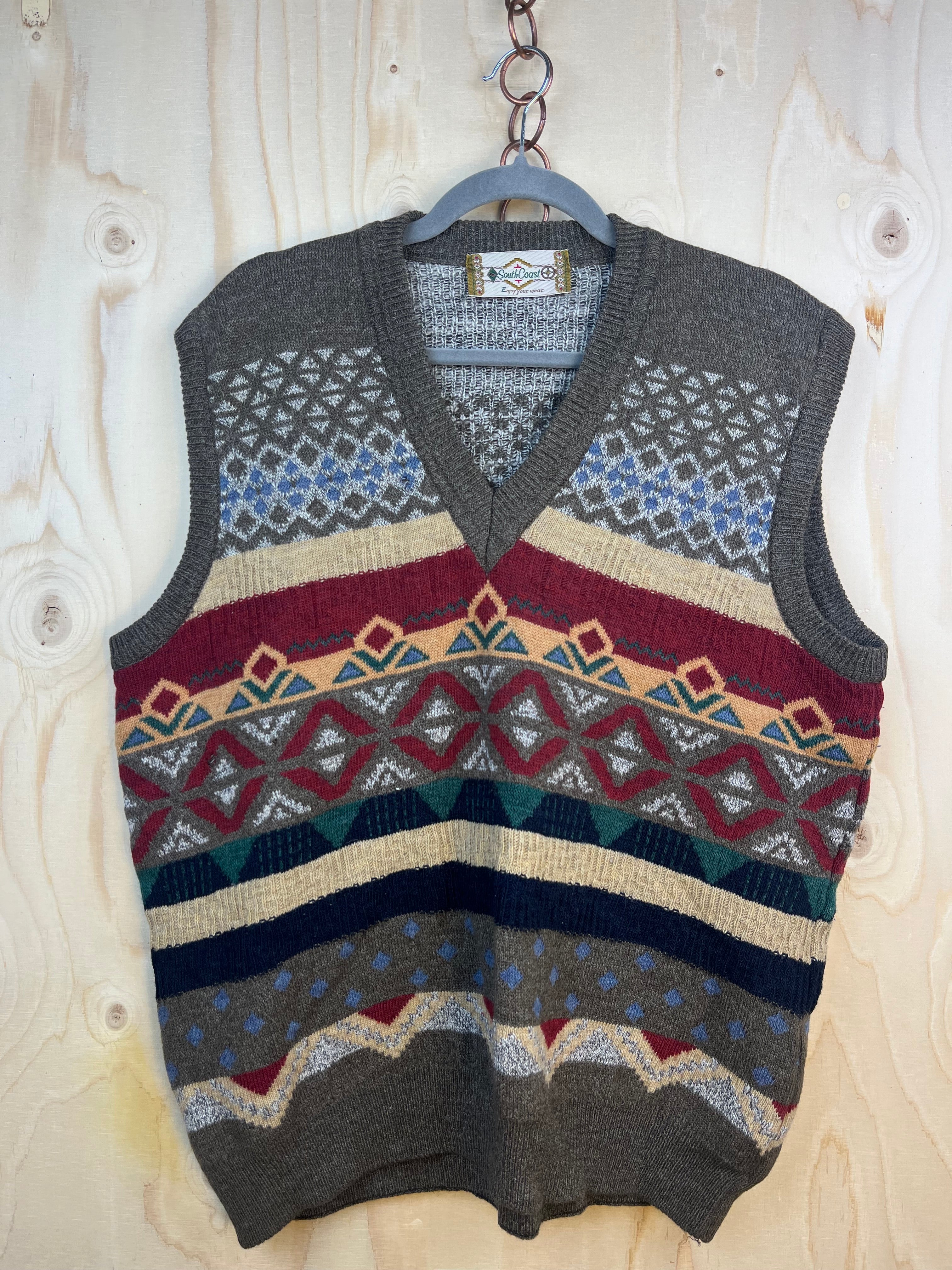 Vintage Pattern Sweater Vest Wool Alpaca Blend Multicolor V-Neck