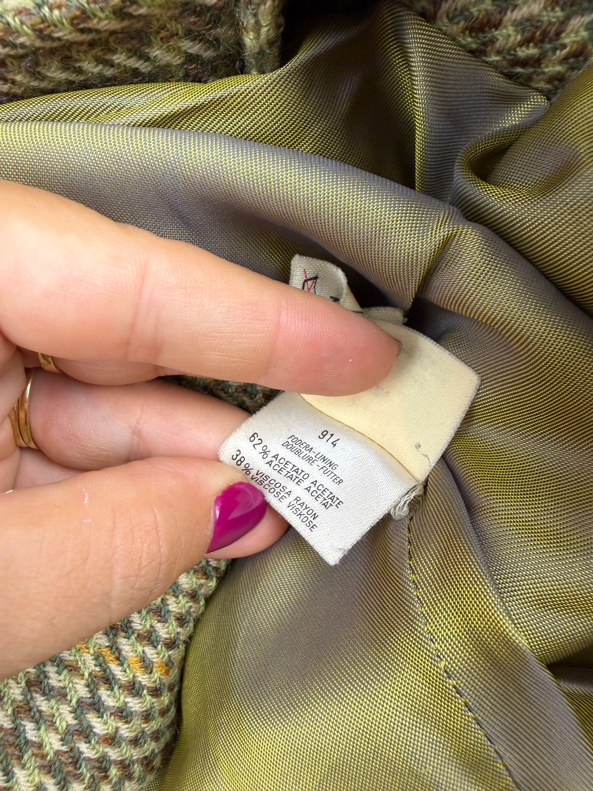 Blazer vintage 80s in lana vergine – check verde e collo a contrasto