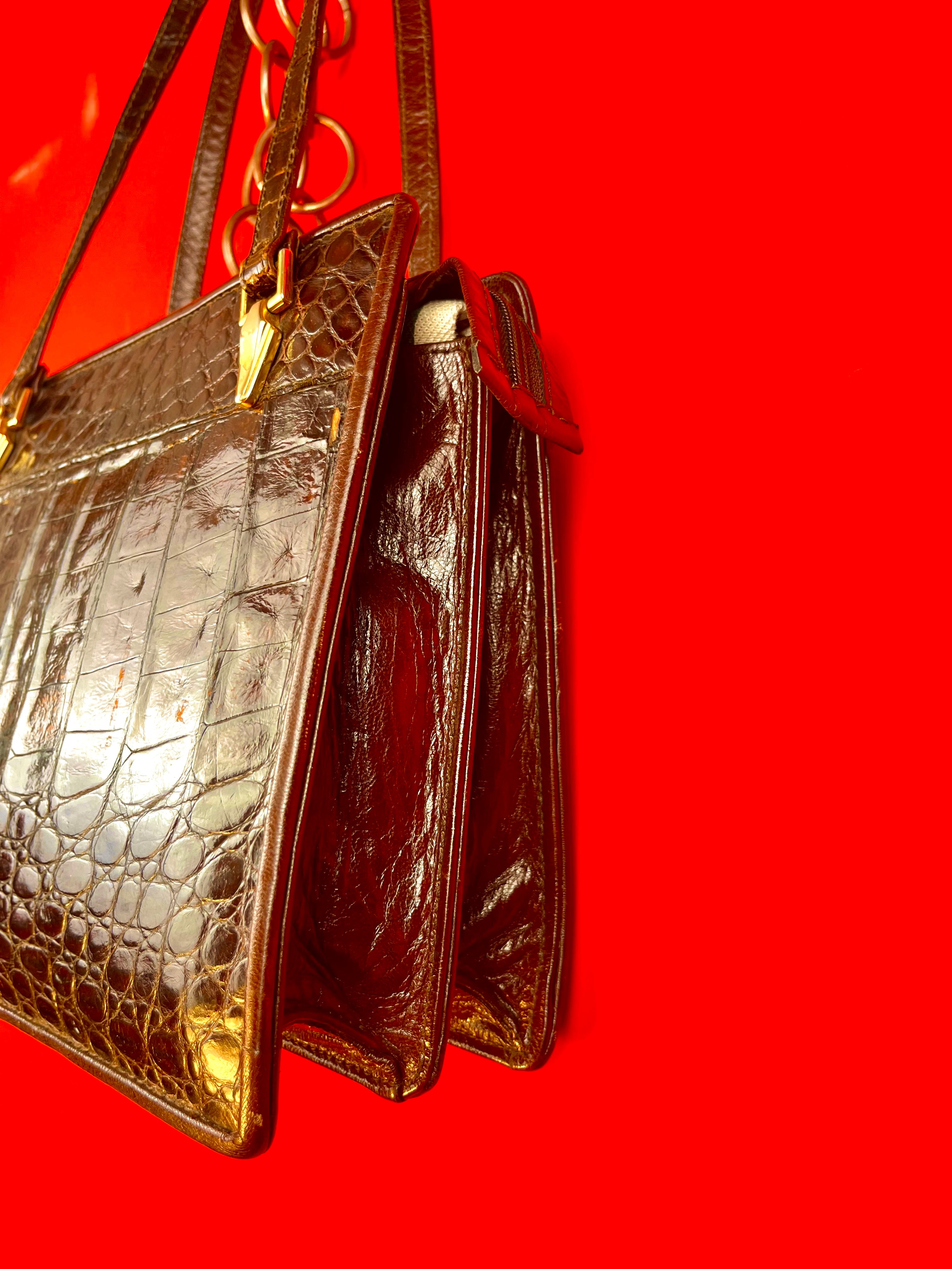 Borsa Vintage Effetto Coccodrillo Marrone Lucida Anni 90