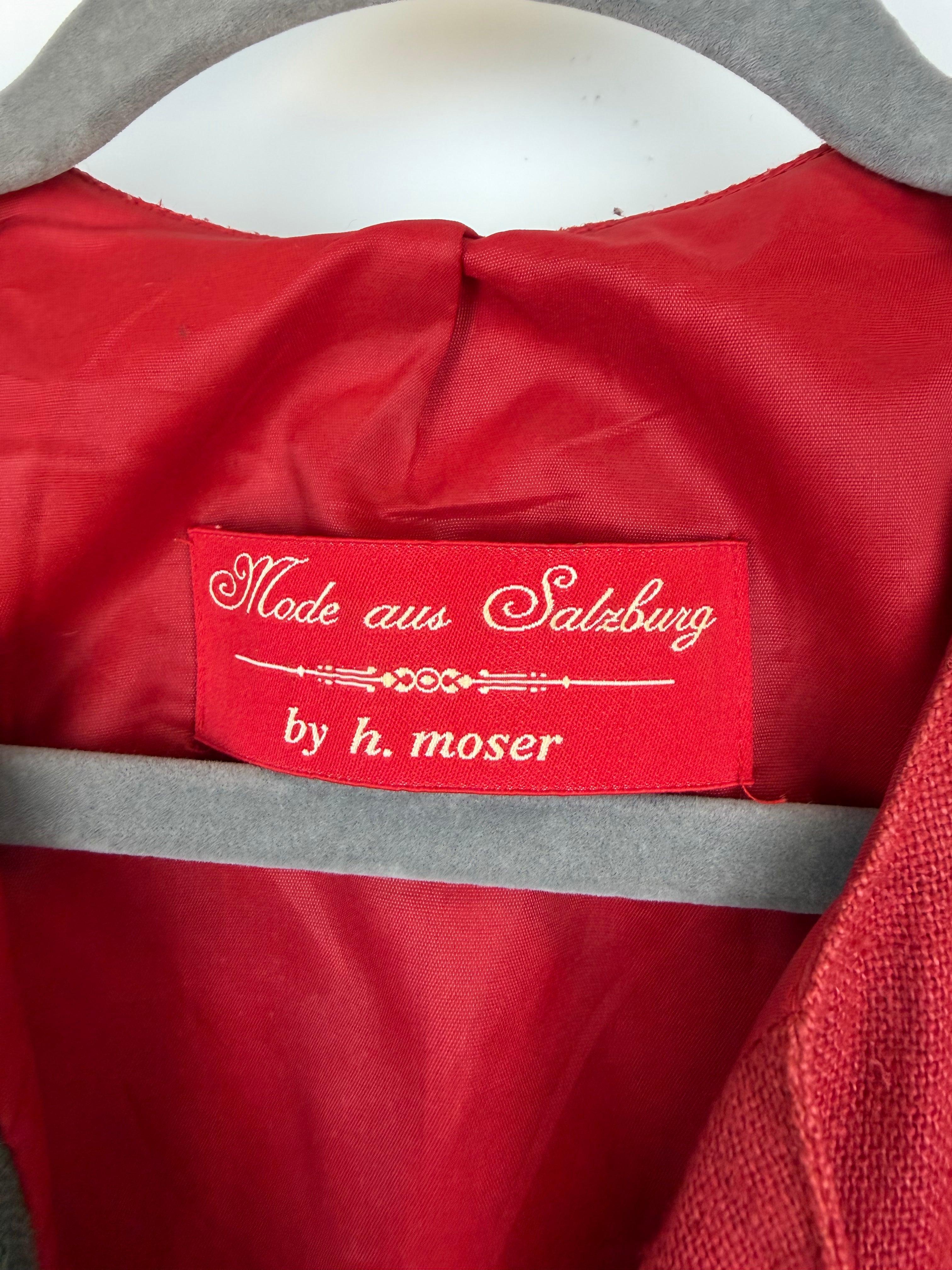 Vintage Austrian Linen Blend Dress by H. Moser – Red & Green Tirolean Maxi Dress