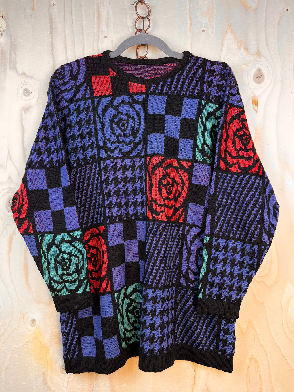 90s Abstract Patchwork Knit Sweater – Bold Vintage Statement