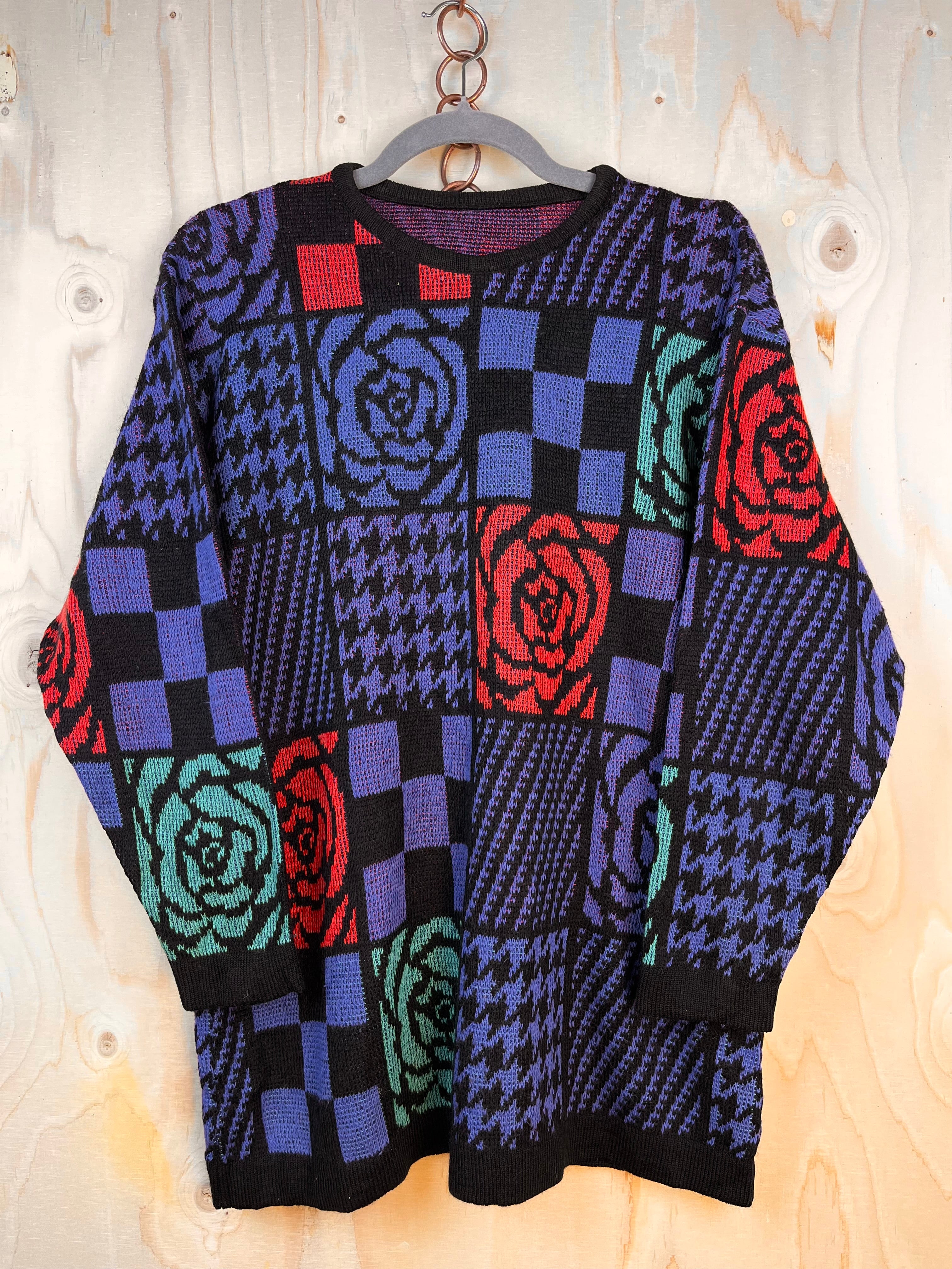 90s Abstract Patchwork Knit Sweater – Bold Vintage Statement