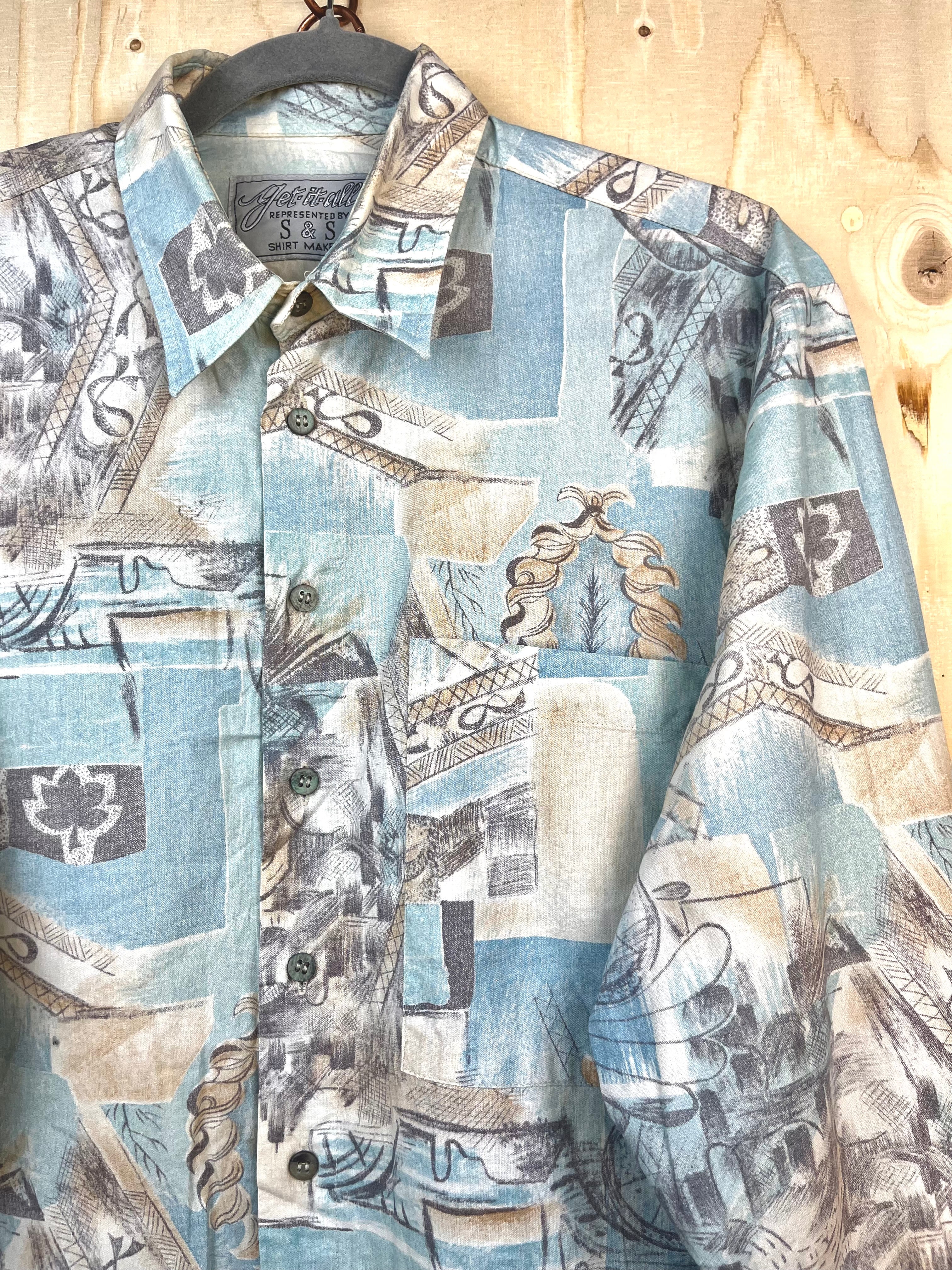 Vintage Artistic Pattern Shirt – Light Blue Retro Long Sleeve
