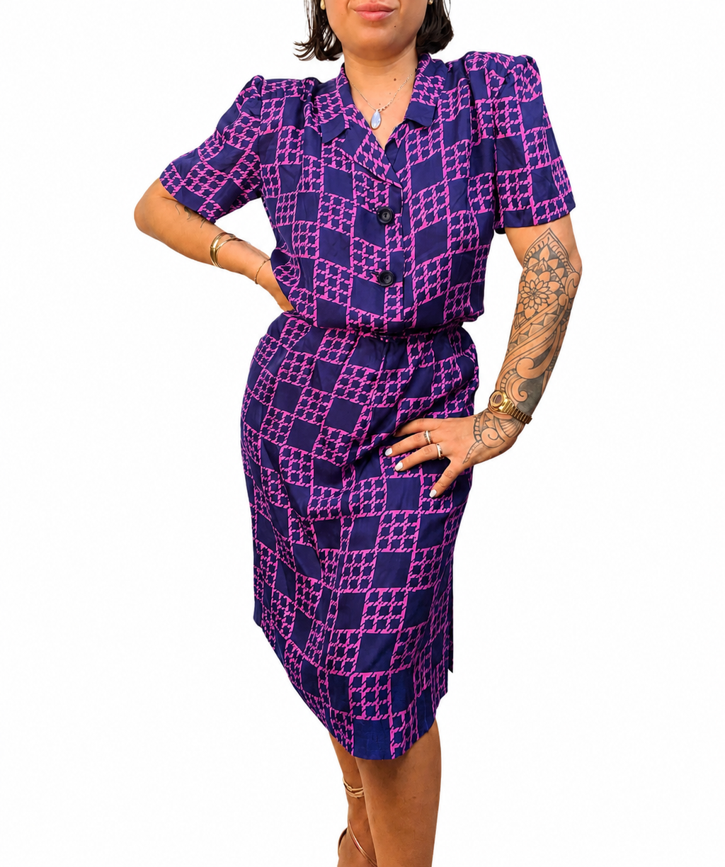 Completo vintage anni ’90 gonna e camicia fantasia viola e fucsia