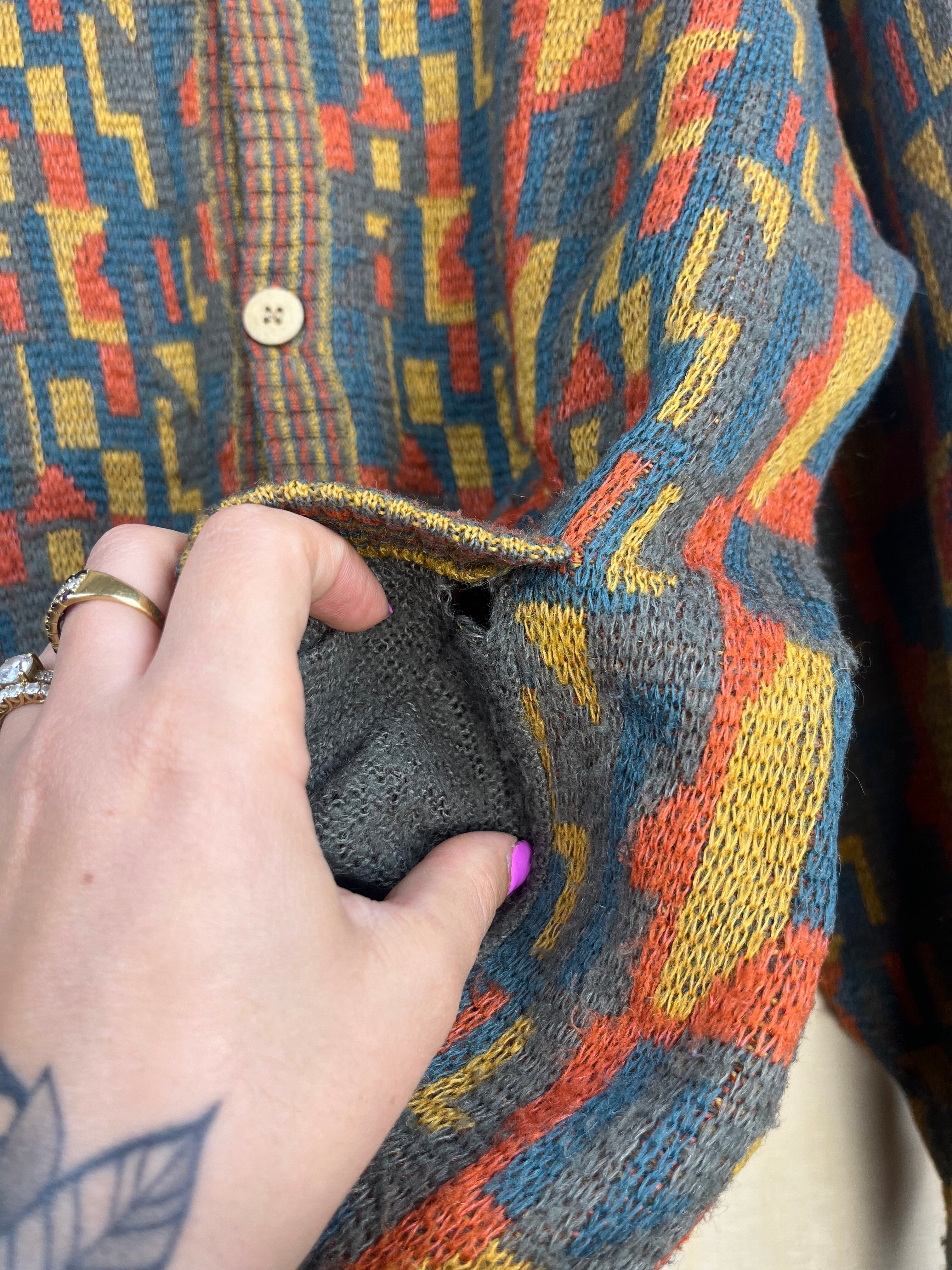 Vintage Pattern Cardigan Multicolor Wool Blend Oversized Made in Italy