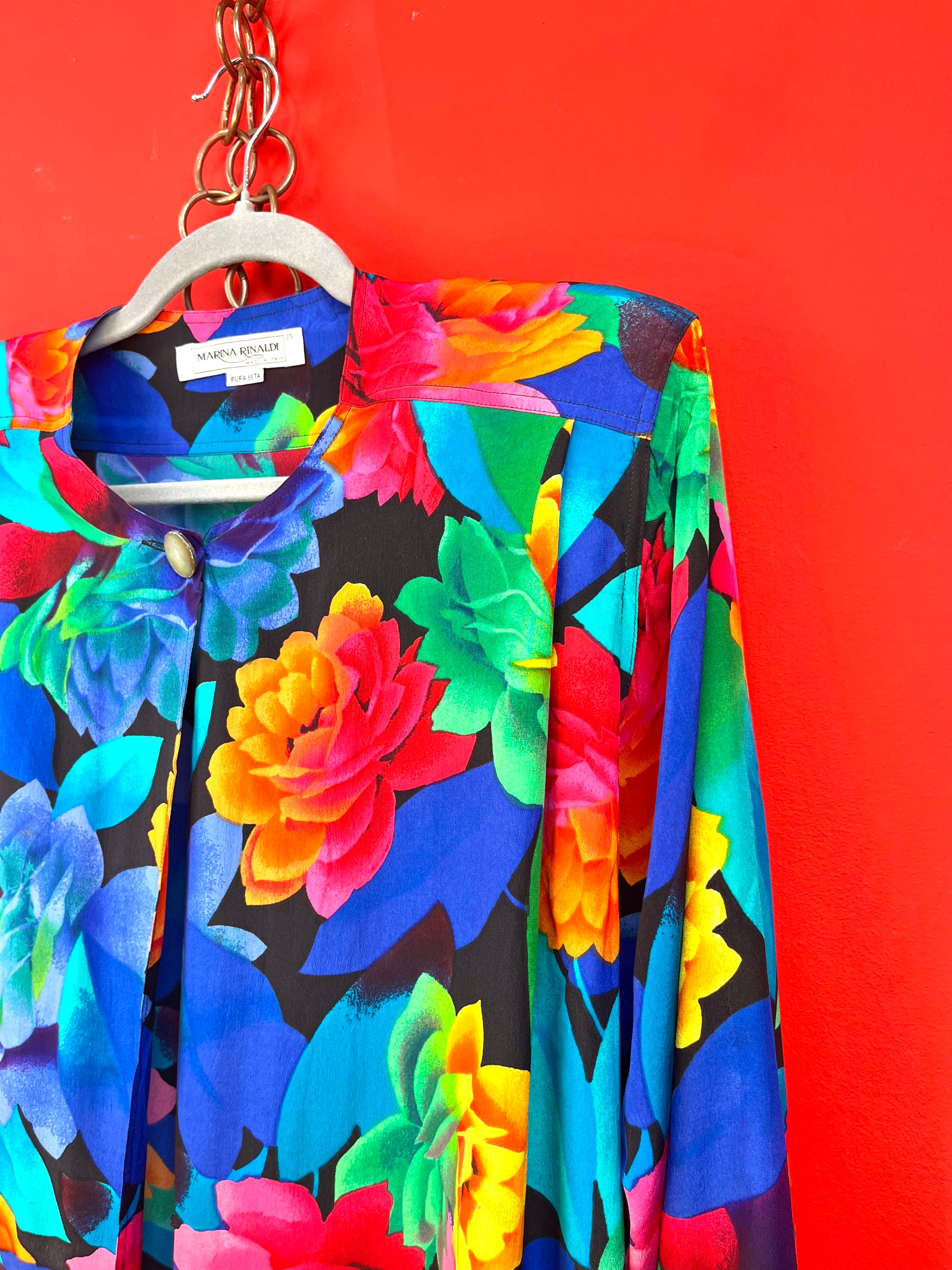 Vintage Marina Rinaldi Silk Floral Blouse Made in Italy 90s Multicolor Jacket Top