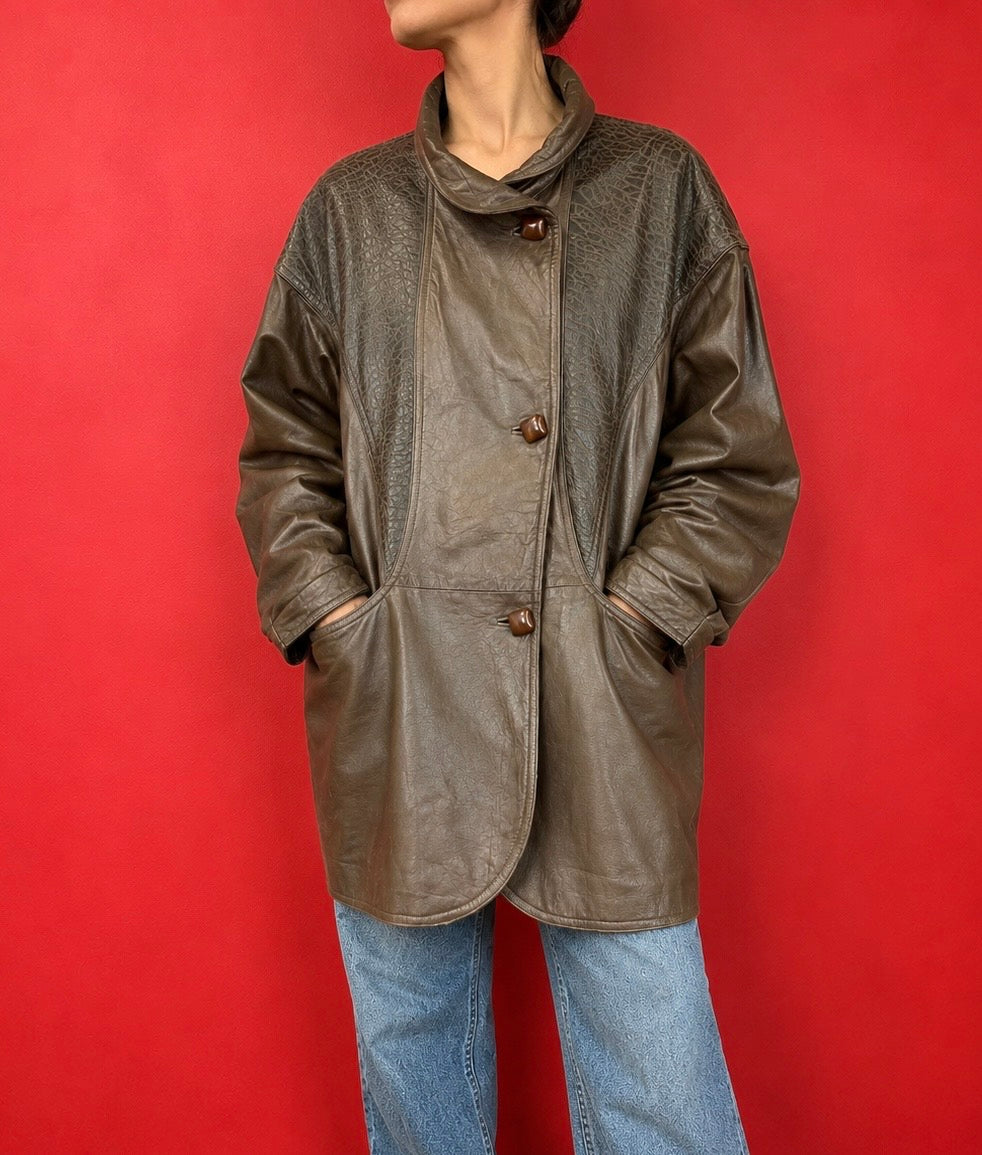 Vintage 90s Genuine Leather Oversized Jacket – Brown – Size 42 (Fits L)