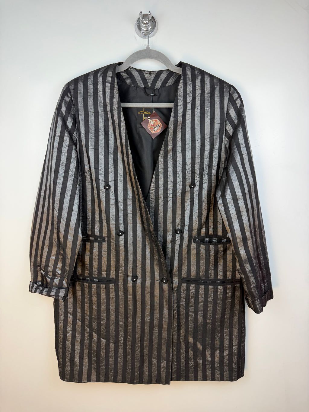 Blazer vintage lungo Wolfgang Kaiser nero a righe lucide in acetato