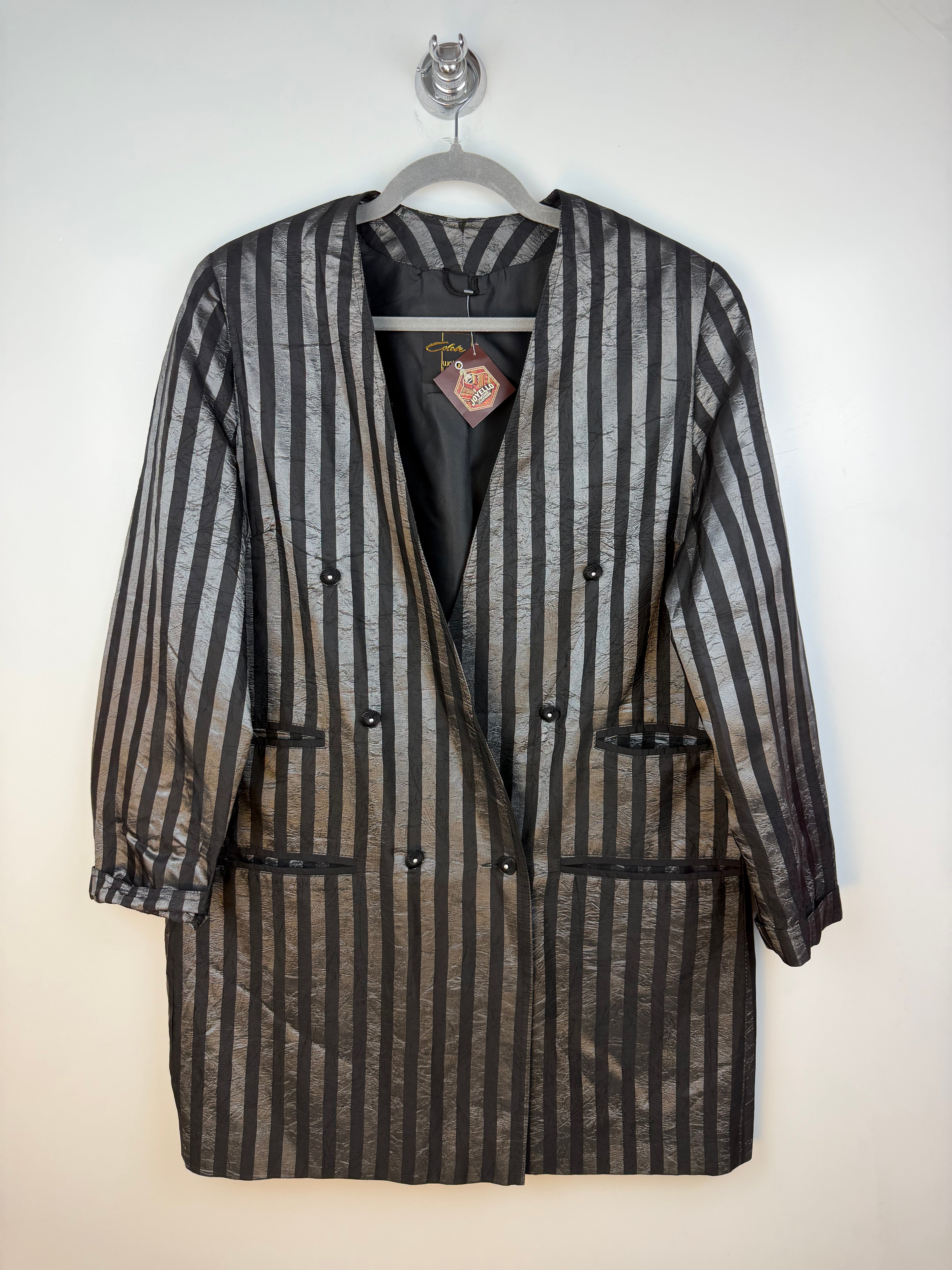 Blazer vintage lungo Wolfgang Kaiser nero a righe lucide in acetato