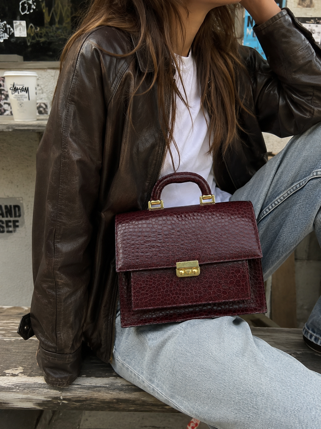 Borsa Vintage Bordeaux Effetto Coccodrillo